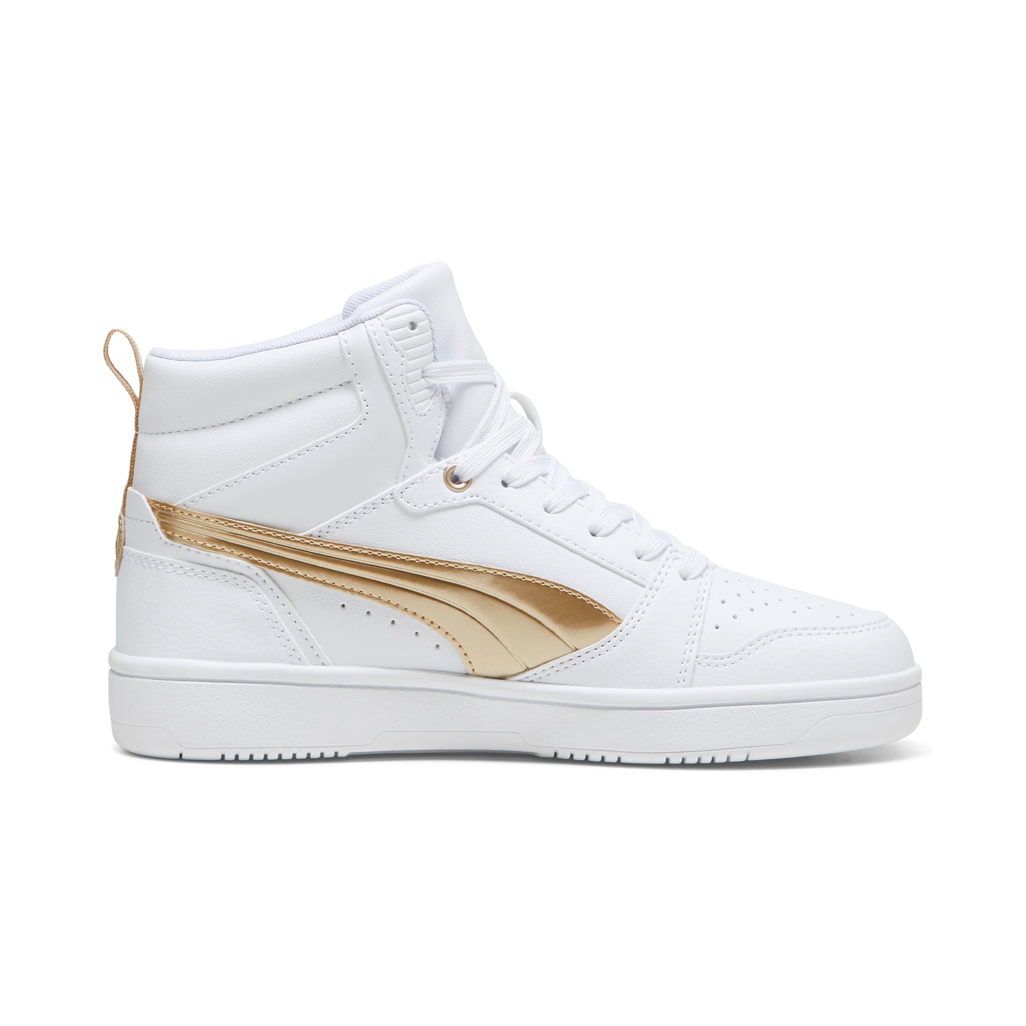 Sneakers alte da donna bianche con logo oro Puma Rebound v6 Metallic Dream - Image 6
