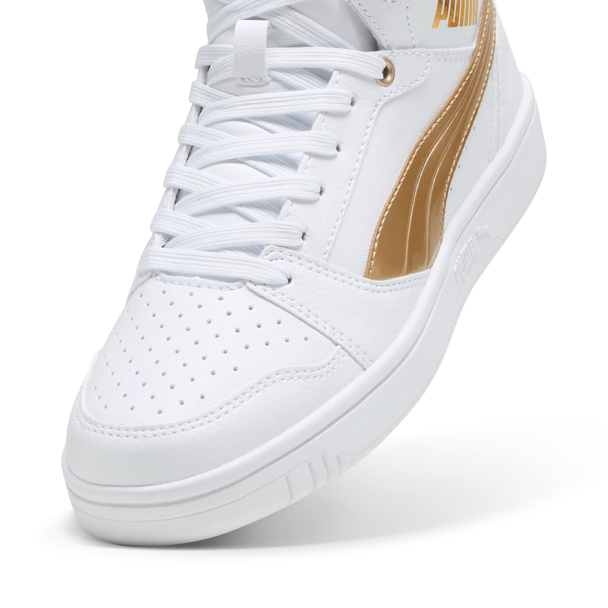 Sneakers alte da donna bianche con logo oro Puma Rebound v6 Metallic Dream - Image 7