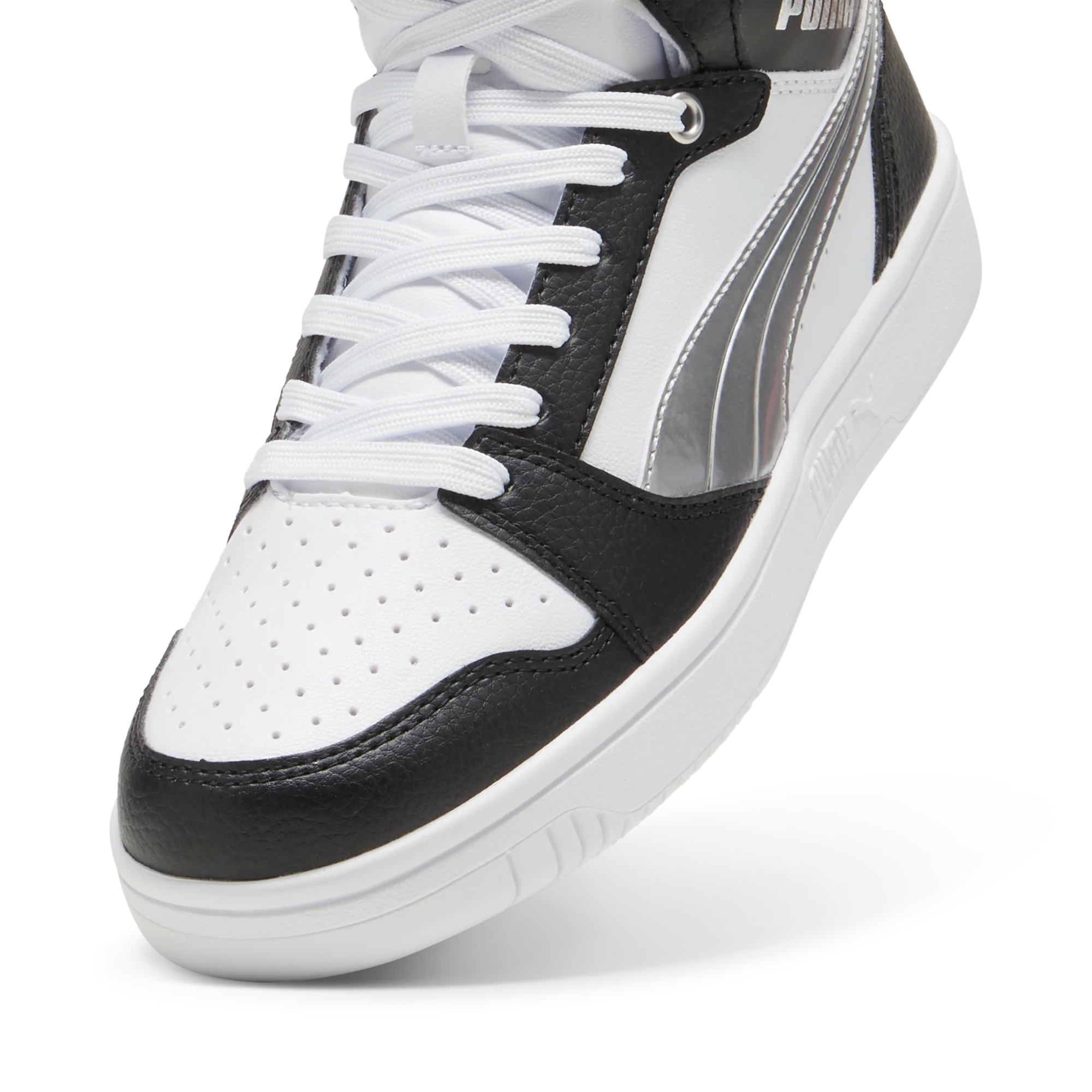 Sneakers alte da donna bianche e nere con dettaglio argento e logo Puma Rebound V6 Metallic Dream - Image 5