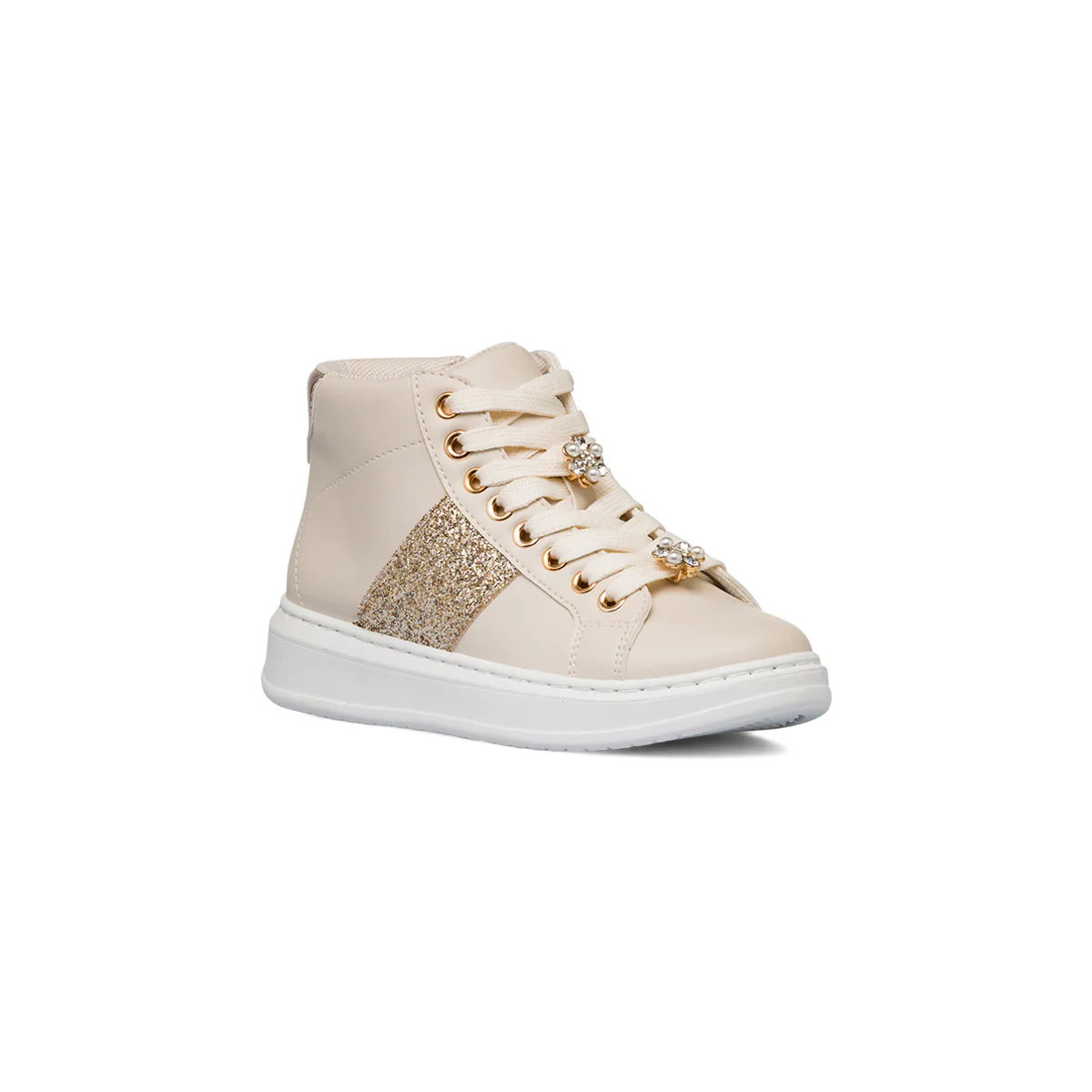 Sneakers alte da ragazza beige con dettagli glitter e fiori in metallo Dieci Baci - Image 2