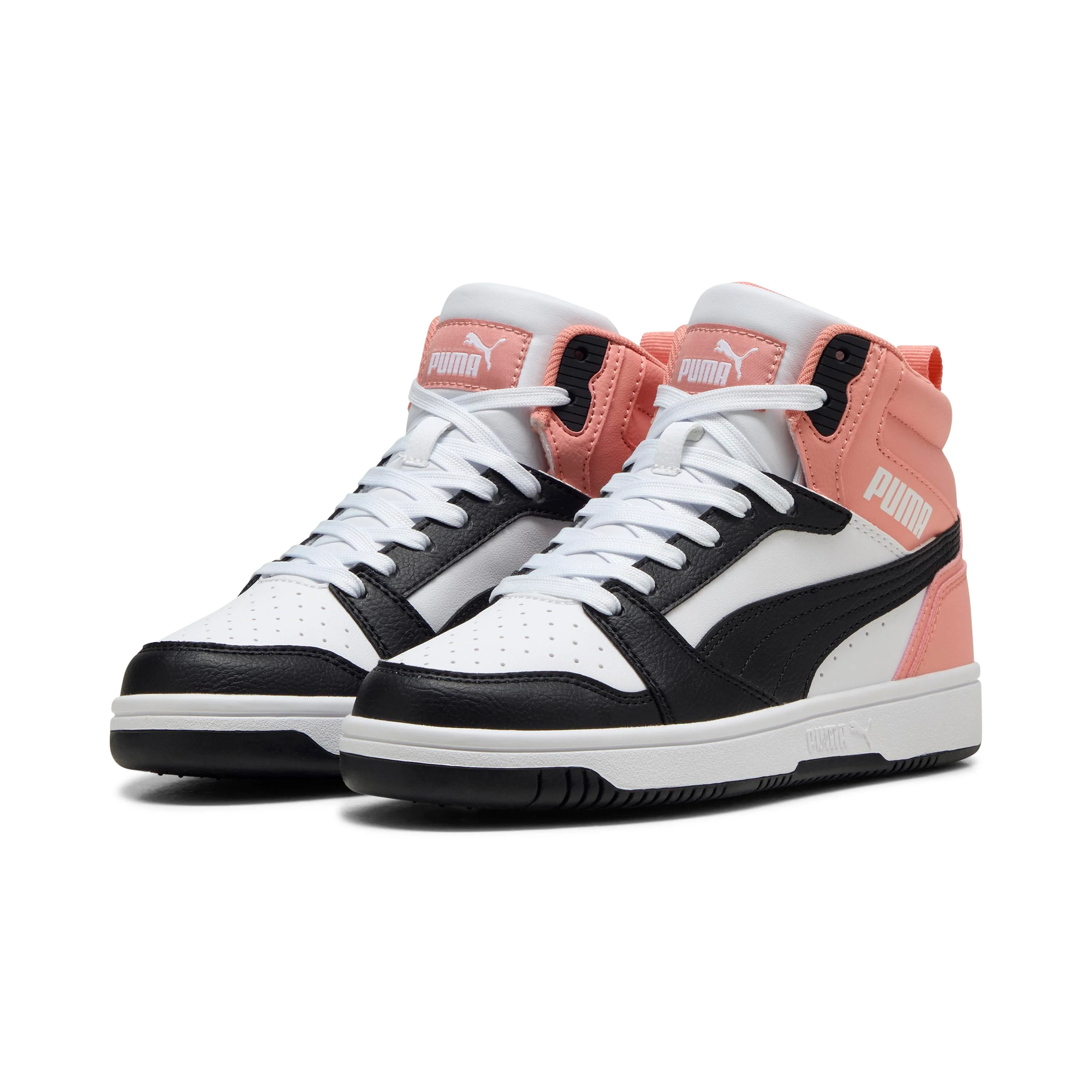 Sneakers alte da ragazza bianche con inserti neri e rosa Puma Rebound V6 Mid
