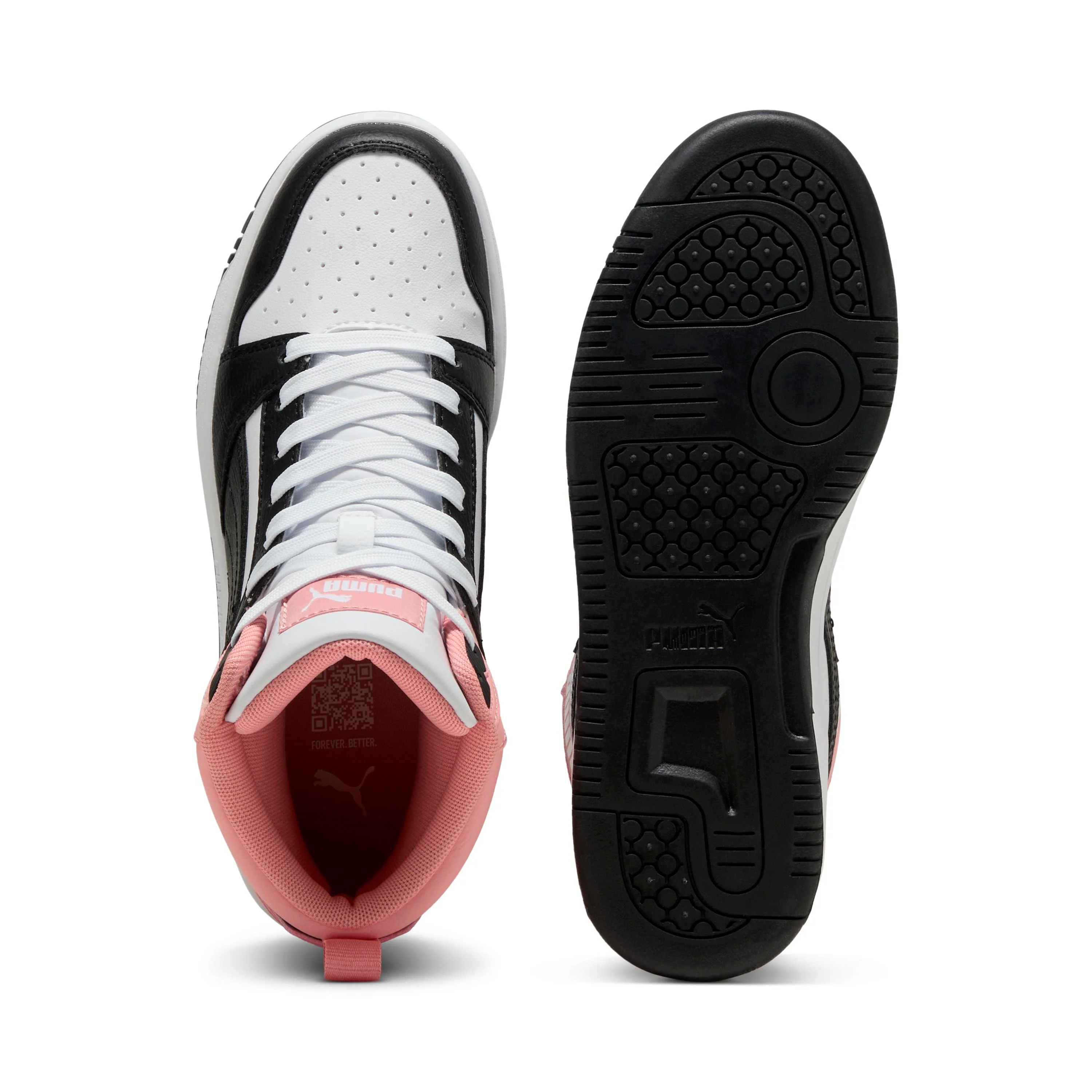 Sneakers alte da ragazza bianche con inserti neri e rosa Puma Rebound V6 Mid - Image 5