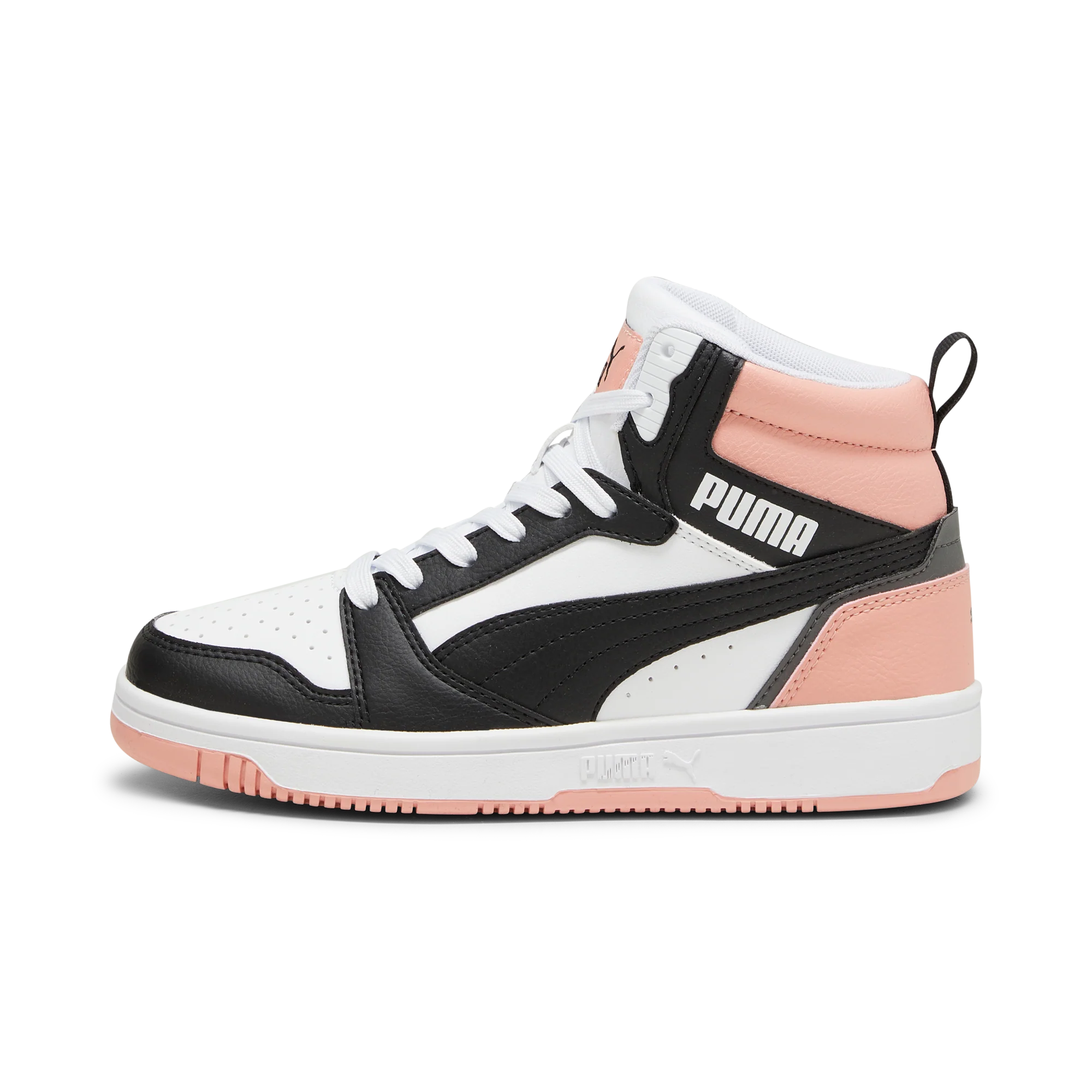 Sneakers alte da ragazza bianche e nere con dettagli rosa Puma Rebound V6