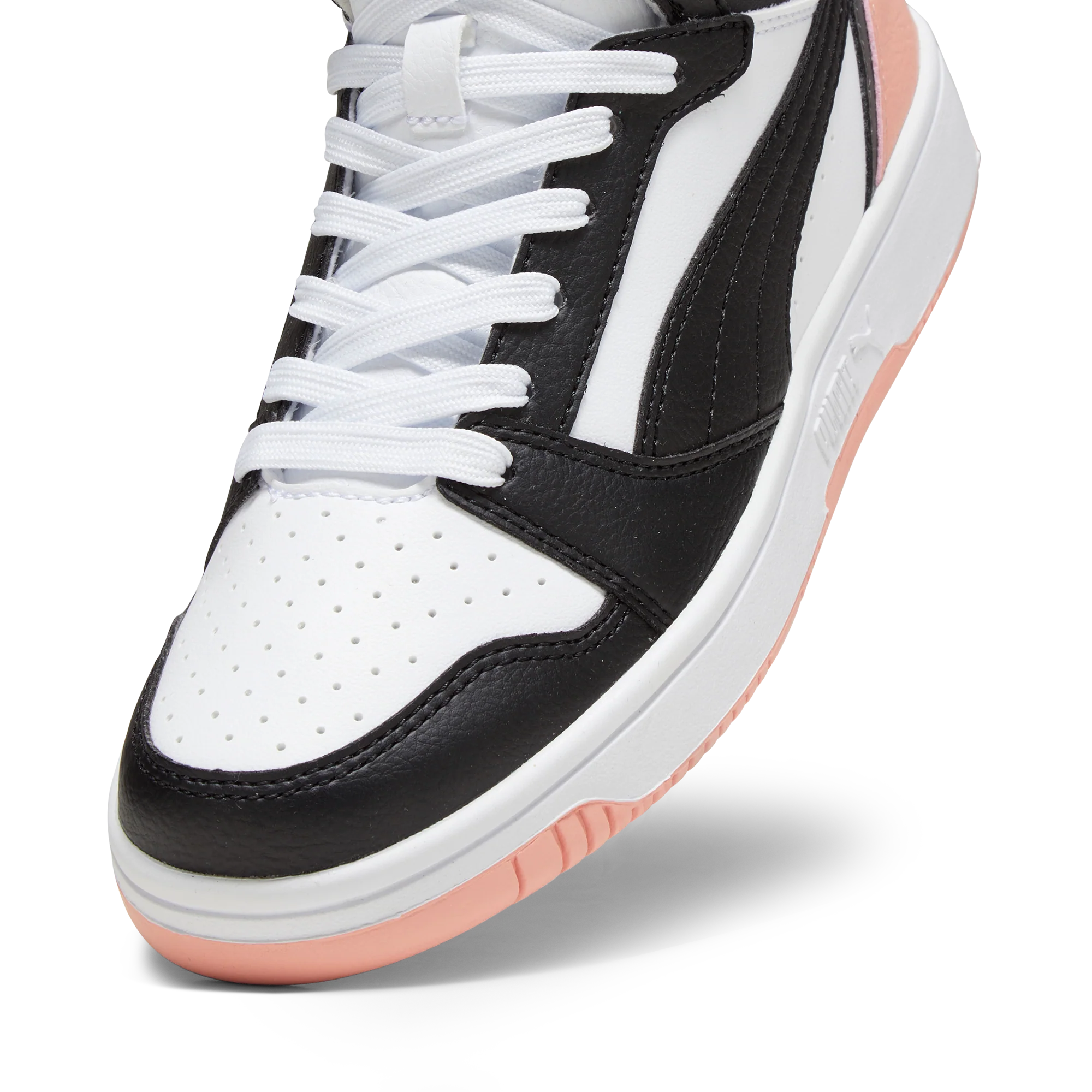 Sneakers alte da ragazza bianche e nere con dettagli rosa Puma Rebound V6 - Image 6
