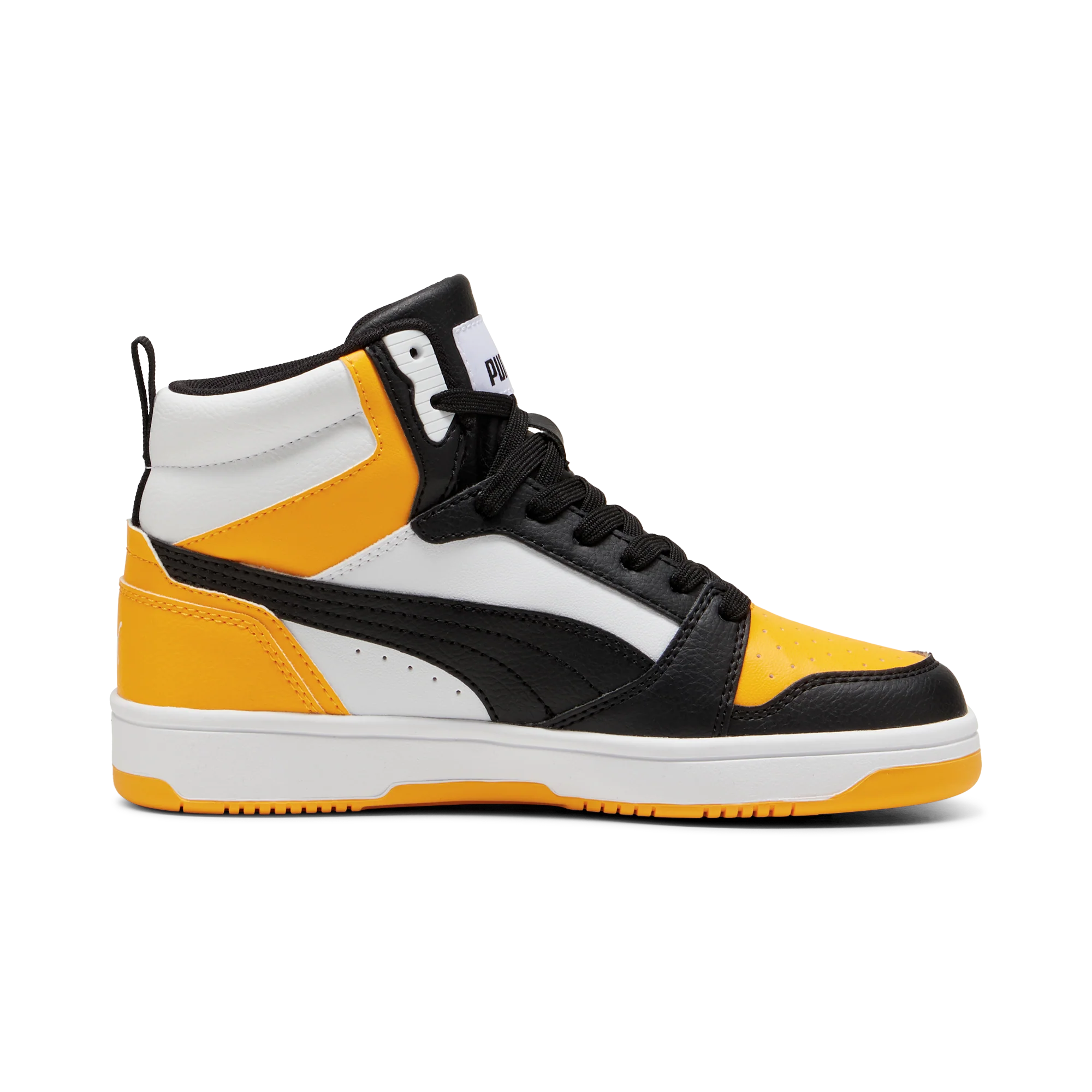 Sneakers alte da ragazzo bianche nere e gialle con logo Puma Rebound V6 - Image 2
