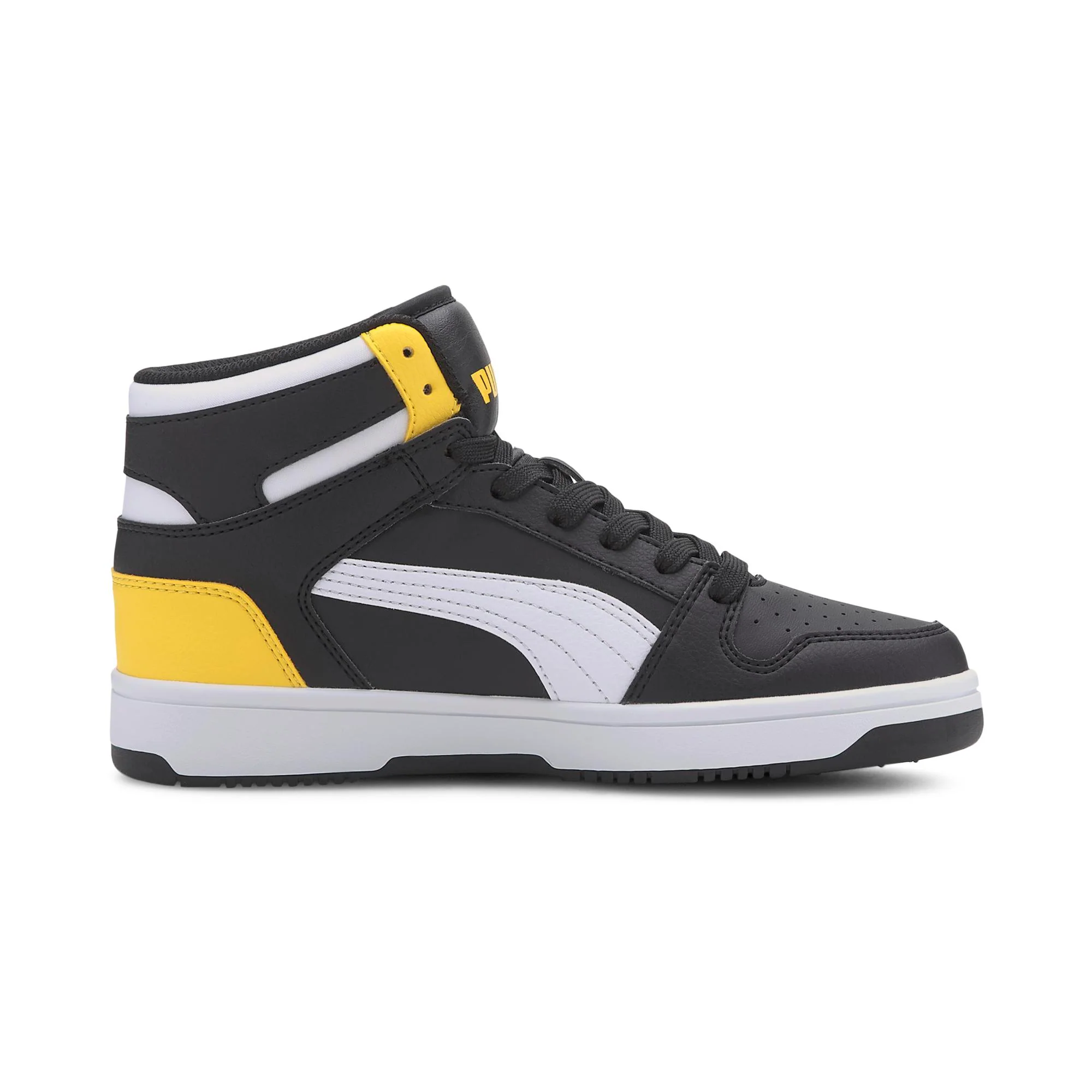 Sneakers alte da ragazzo nere con dettagli gialli Puma Rebound Layup SL Jr - Image 5