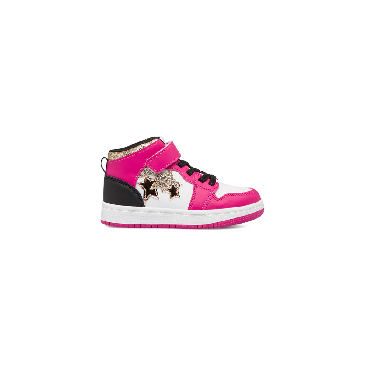 Sneakers alte fucsia, nere e bianche da bambina con glitter e stelle sul lato Le scarpe di Alice