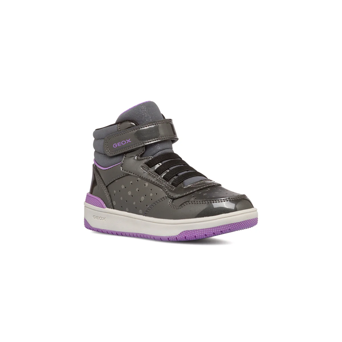 Sneakers alte grigie da bambina con velcro e dettagli viola Geox Washiba - Image 2