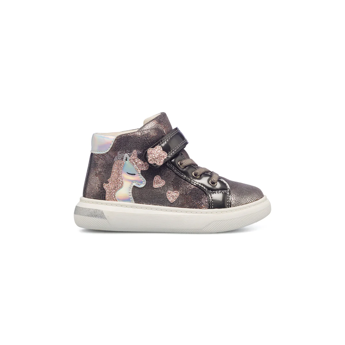 Sneakers alte grigio metallizzato da bambina con unicorno Le scarpe di Alice