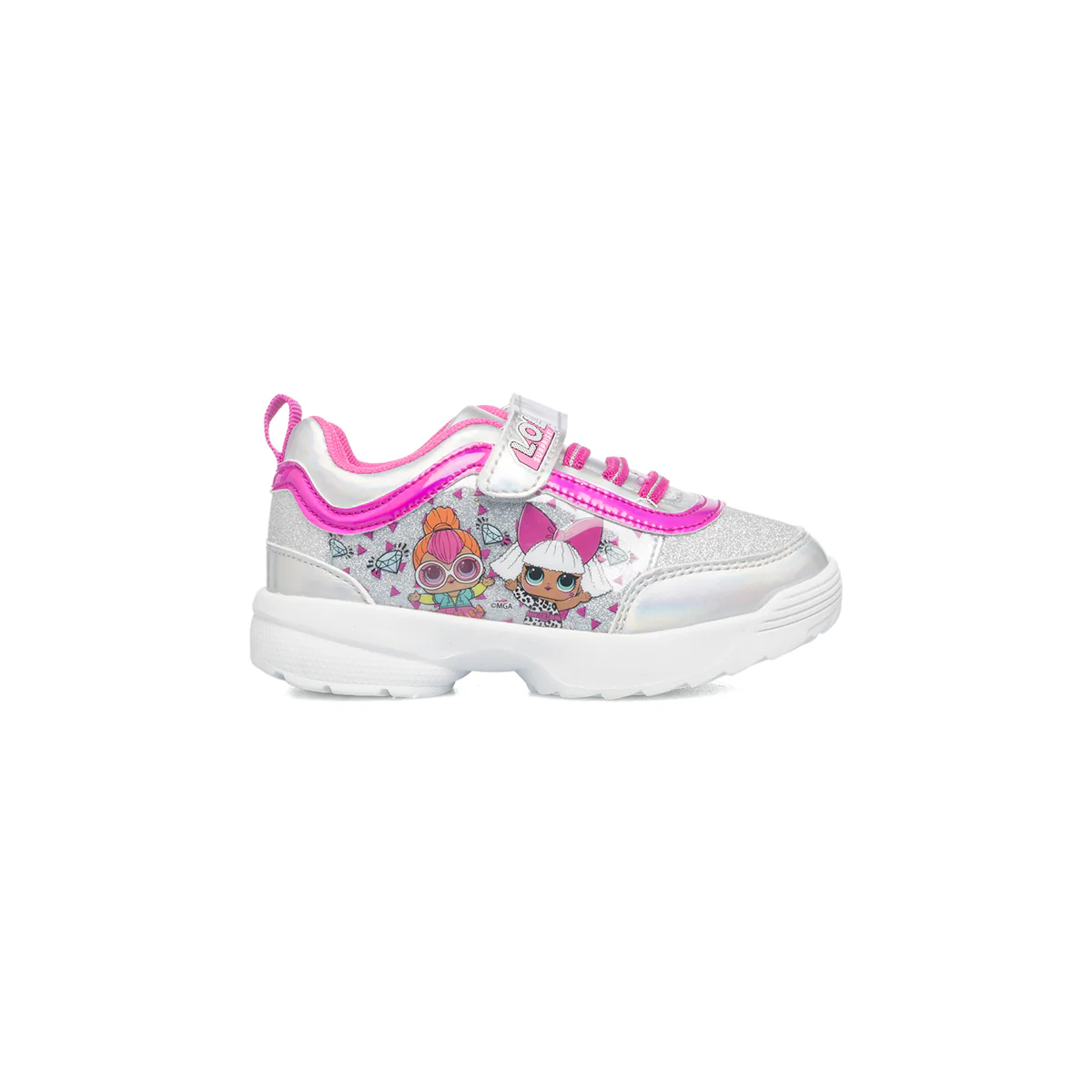 Sneakers argento effetto glitterato con stampa LOL