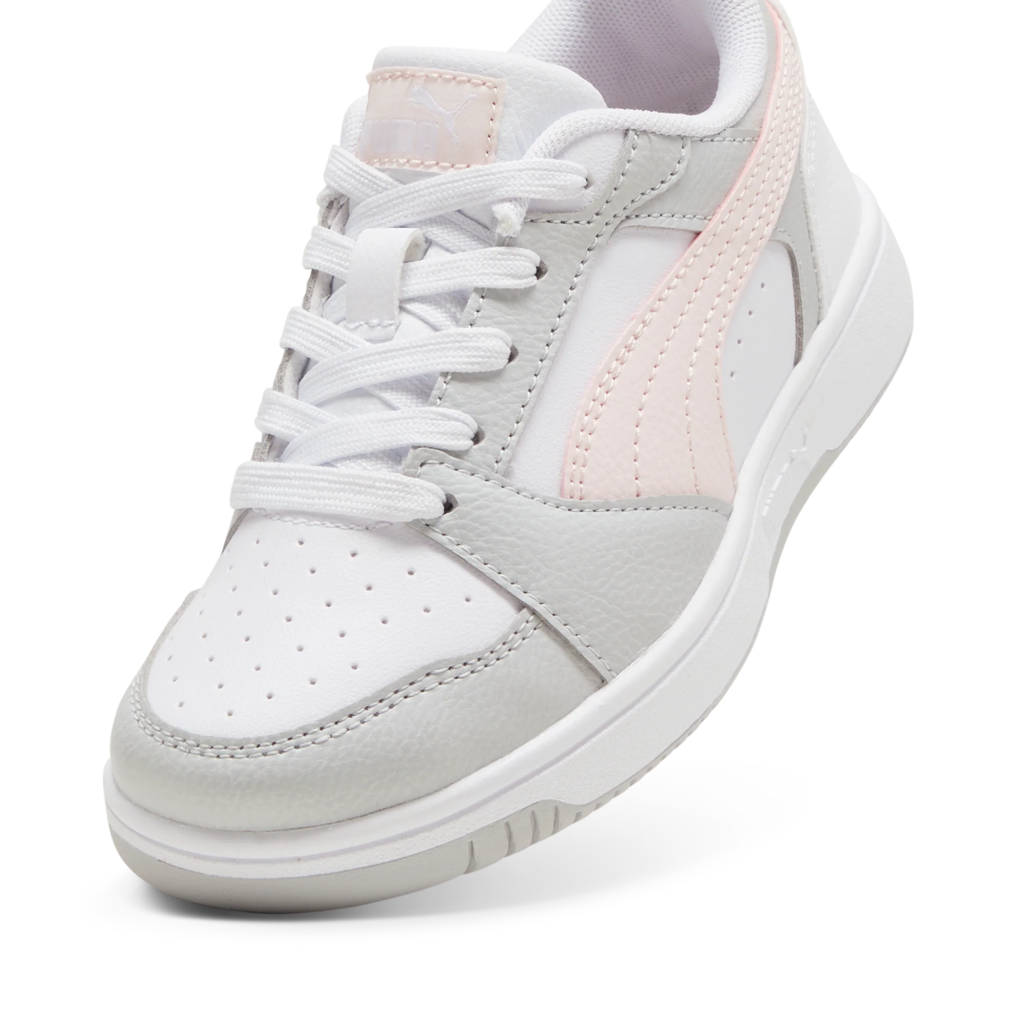 Sneakers bambina bianche con dettagli grigi e rosa Puma Rebound V6 - Image 6