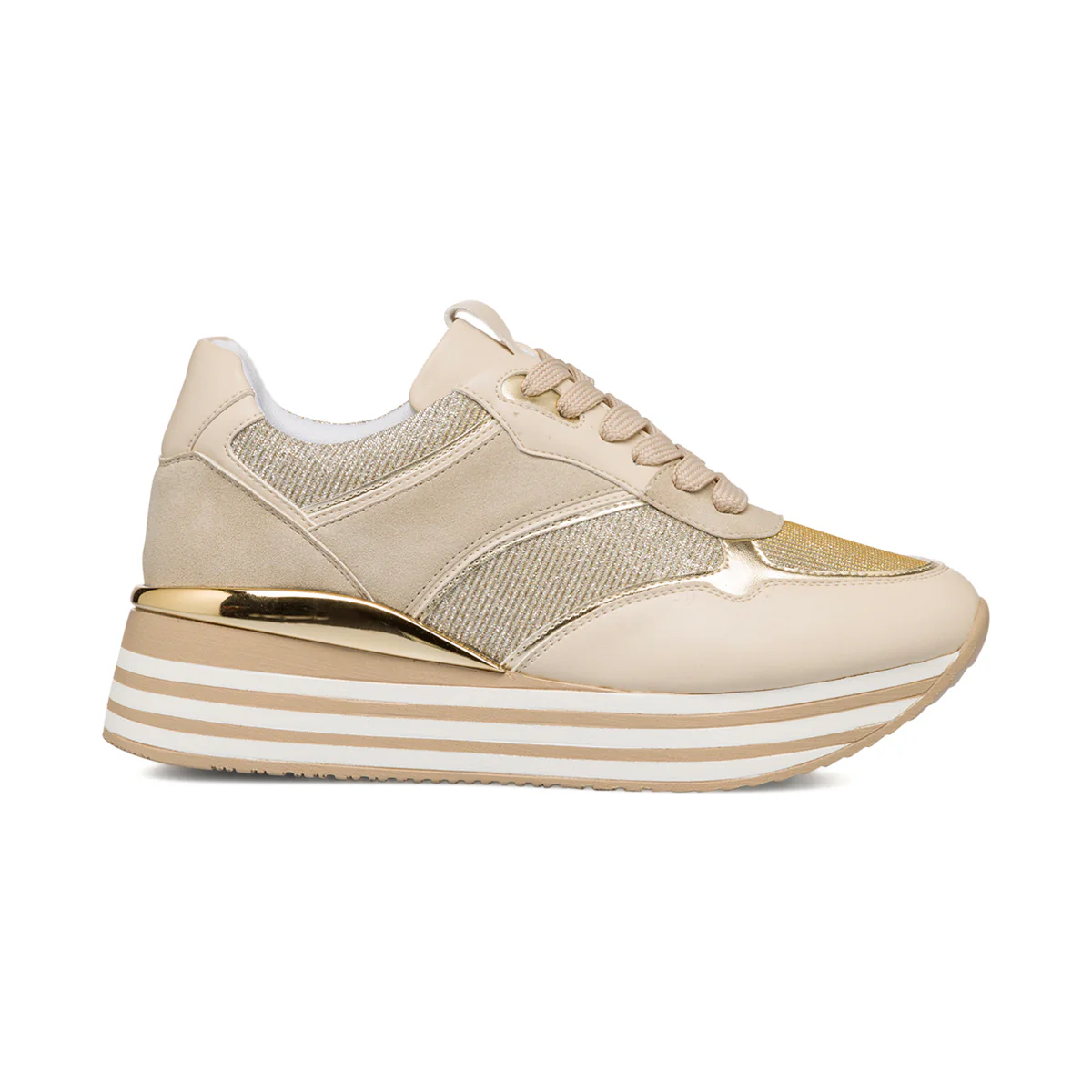 Sneakers beige e oro da donna con zeppa 4 cm Lora Ferres