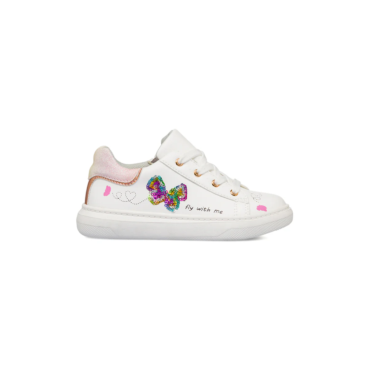 Sneakers bianche da bambina con dettagli glitter e farfalla con paillettes Le scarpe di Alice
