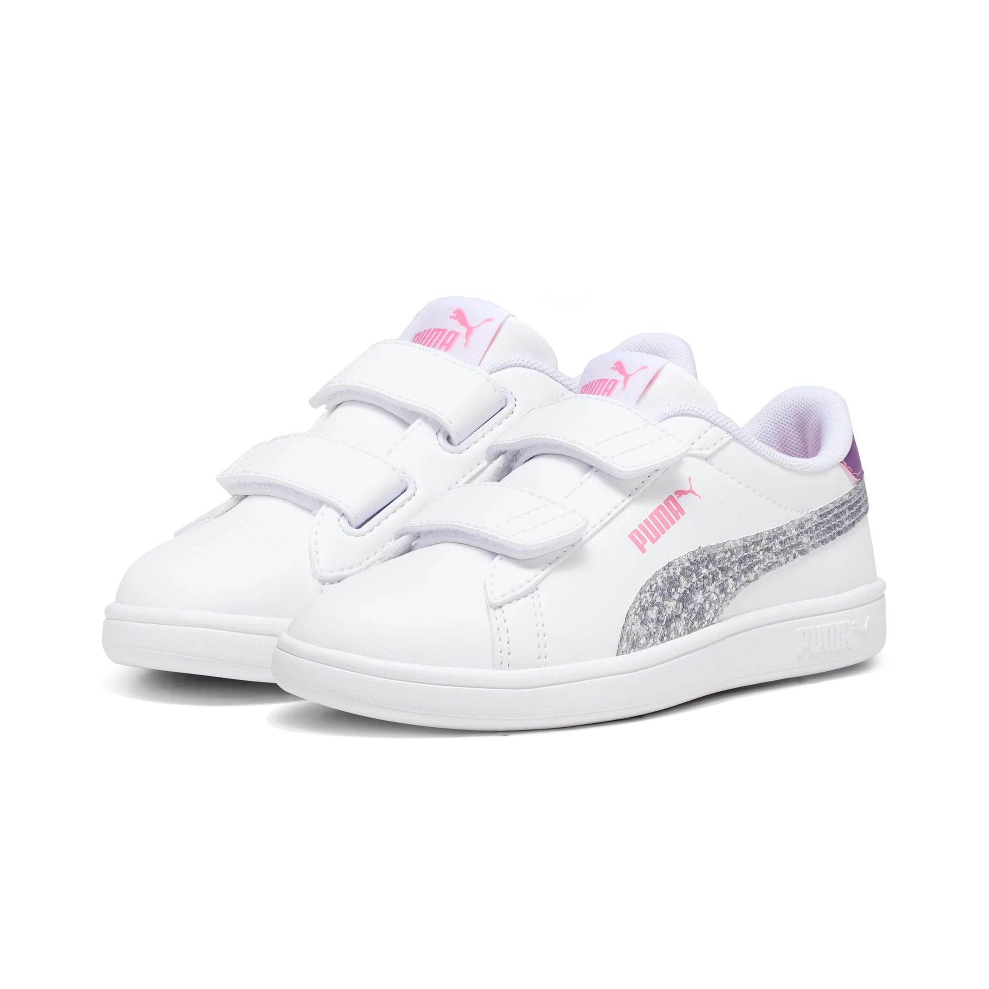 Sneakers bianche da bambina con dettagli rosa e glitter argentati Puma Smash 3.0 Star Glow
