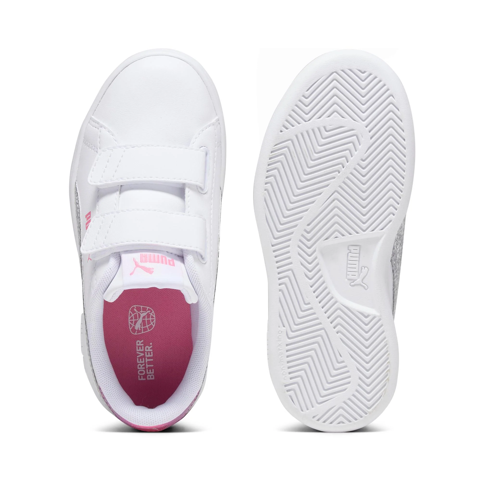 Sneakers bianche da bambina con dettagli rosa e glitter argentati Puma Smash 3.0 Star Glow - Image 4