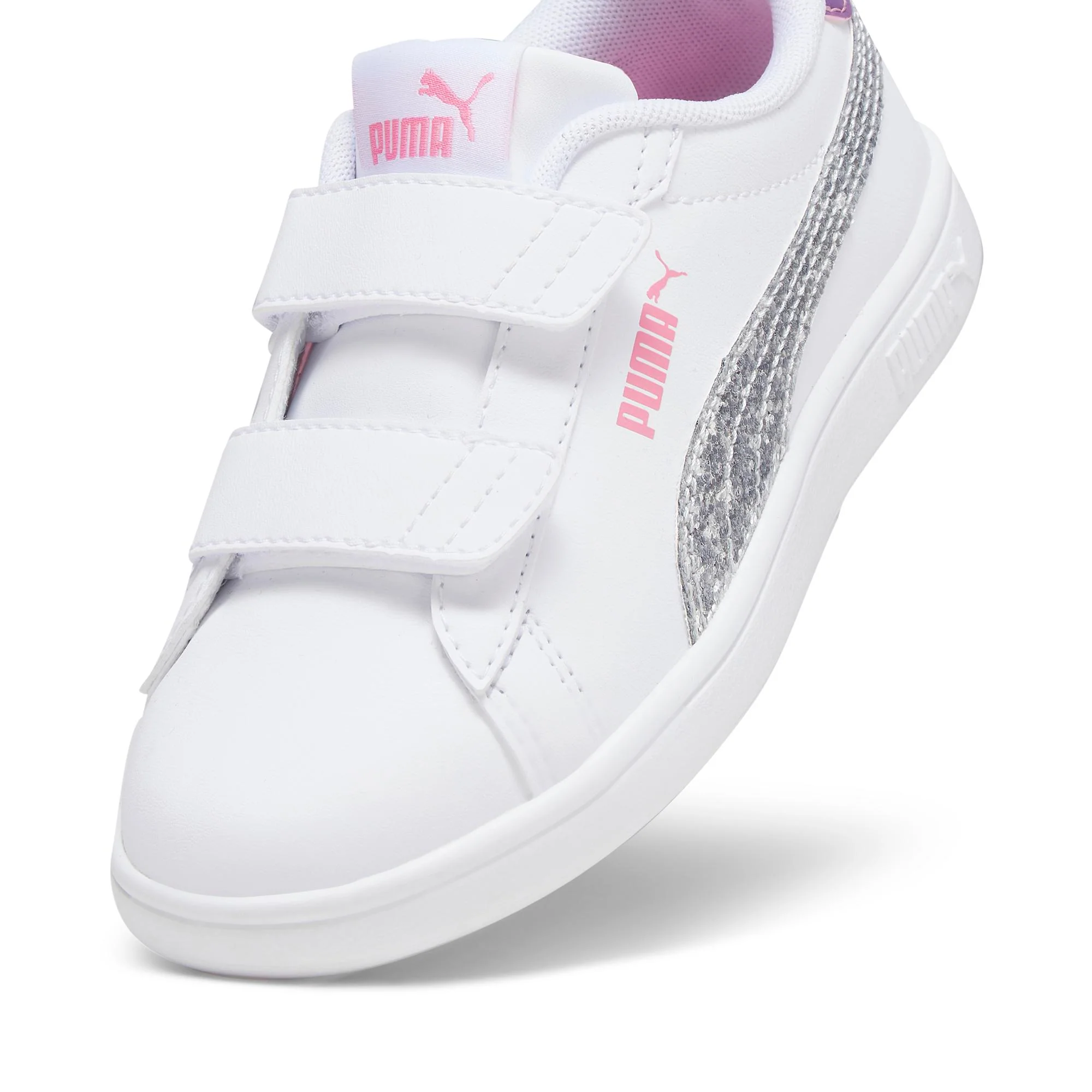 Sneakers bianche da bambina con dettagli rosa e glitter argentati Puma Smash 3.0 Star Glow - Image 6