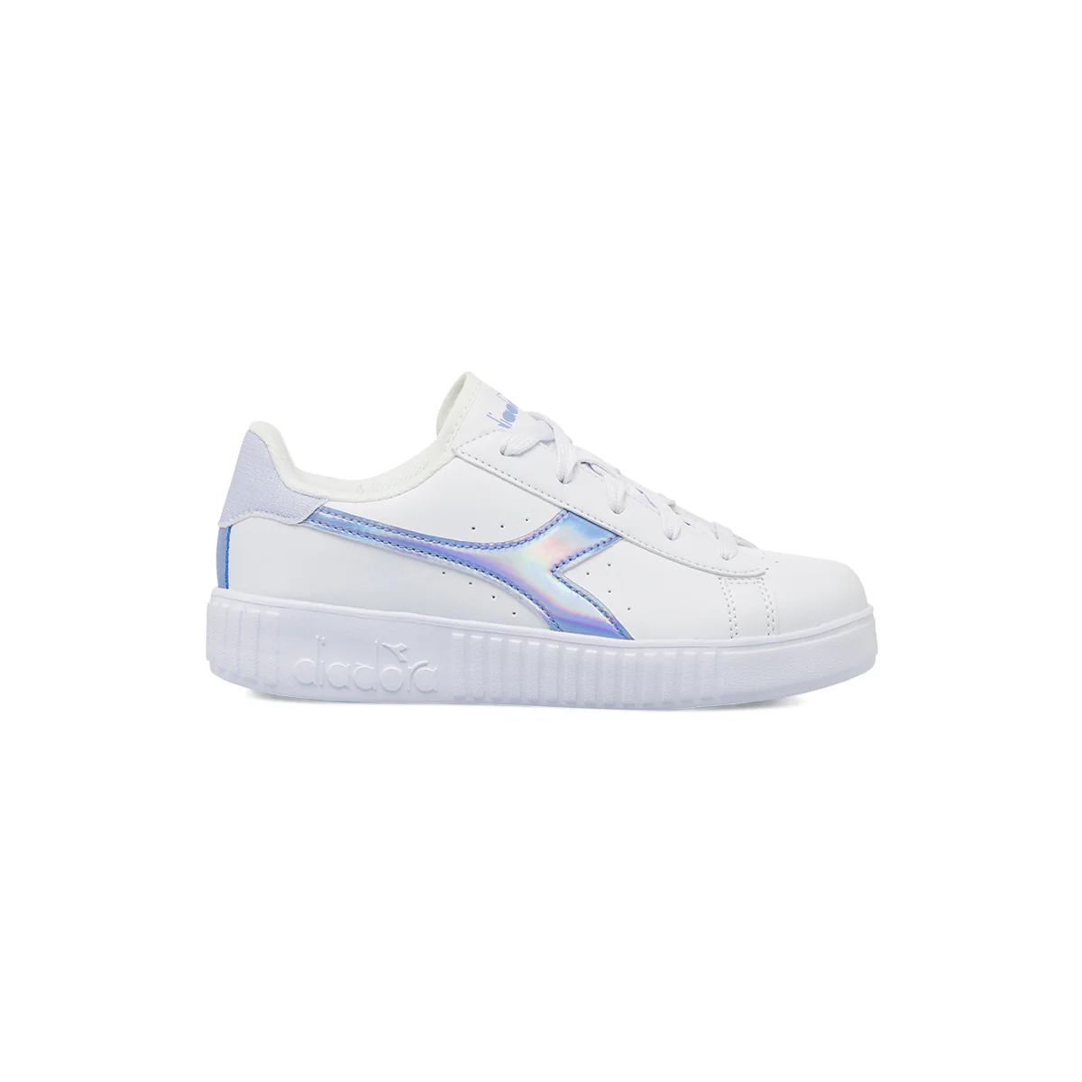 Sneakers bianche da bambina con logo azzurro iridescente Diadora