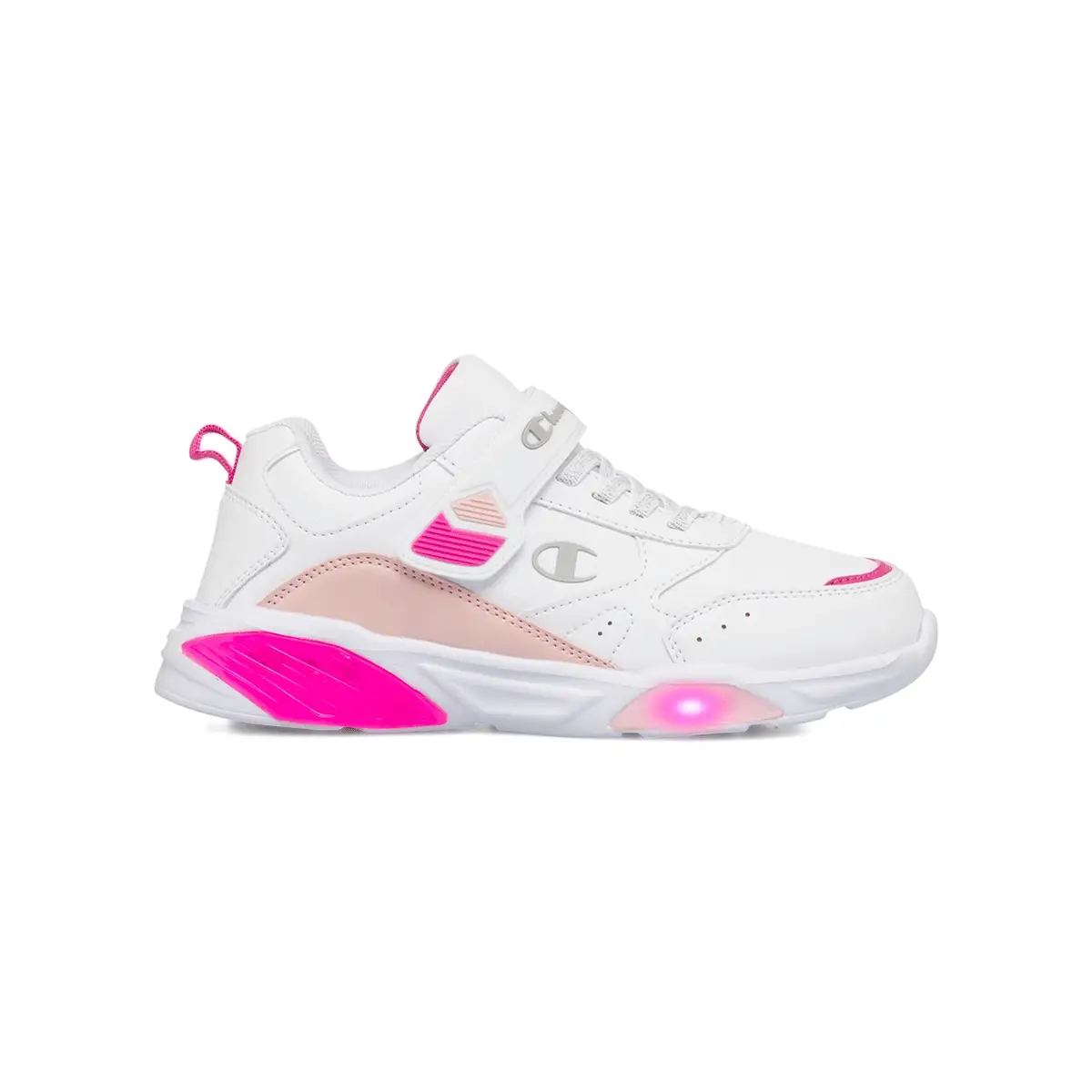 Sneakers bianche da bambina con luci nella suola e dettagli in rosa e fucsia Champion Wave G PS