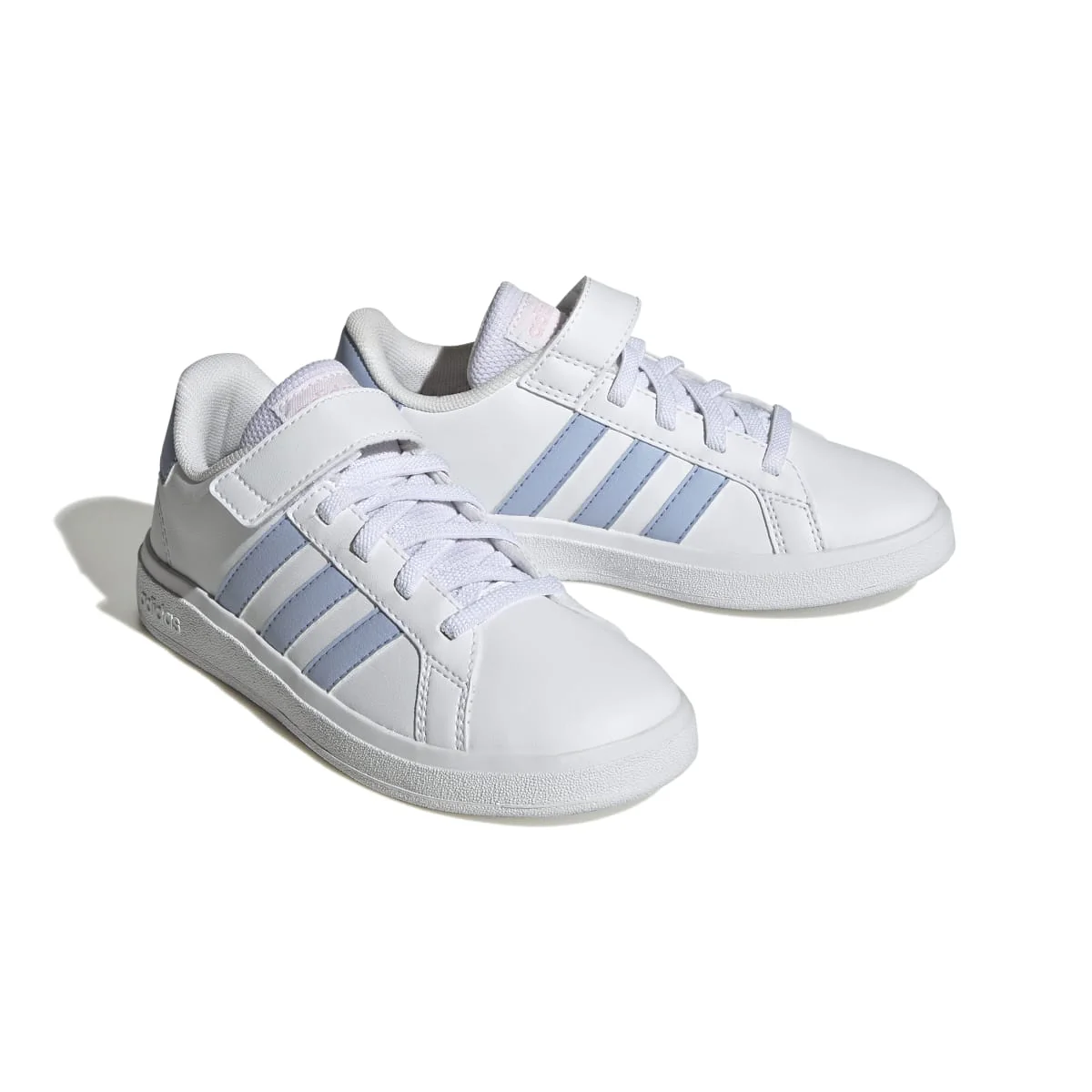Sneakers bianche da bambina con strisce laterali azzurre adidas Grand Court 2.0 EL K
