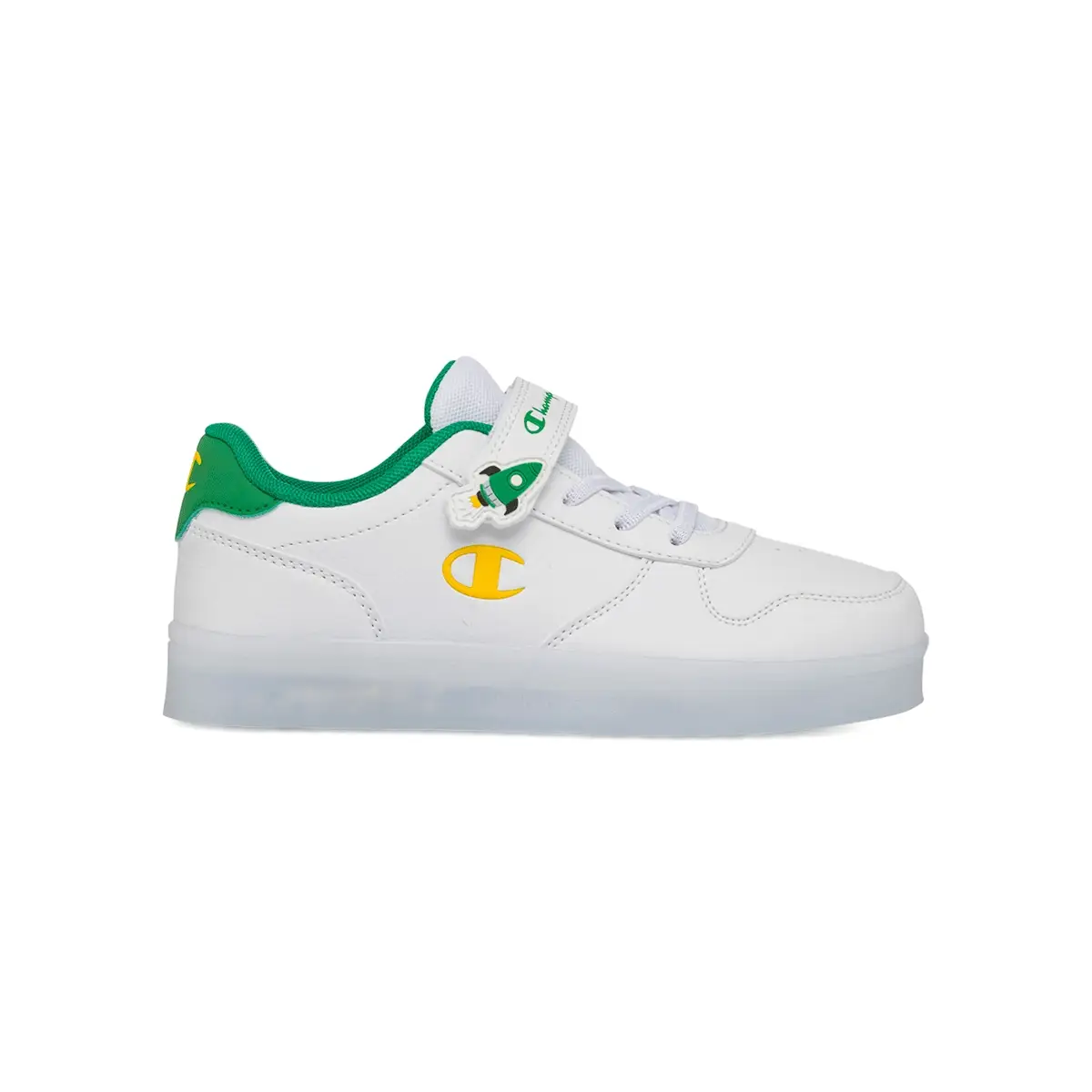 Sneakers bianche da bambino con luci nella suola e dettagli verdi e gialli Champion