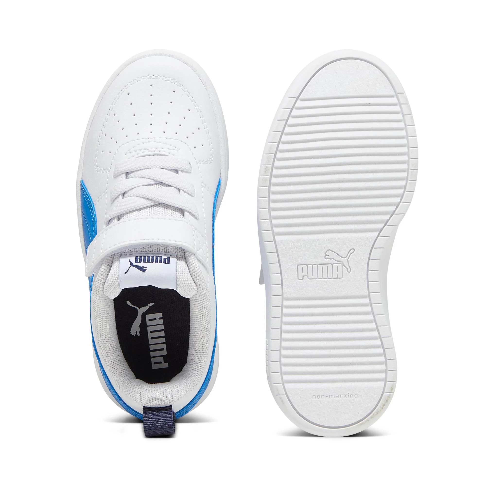 Sneakers bianche da bambino con striscia laterale blu Puma Rickie AC PS - Image 3
