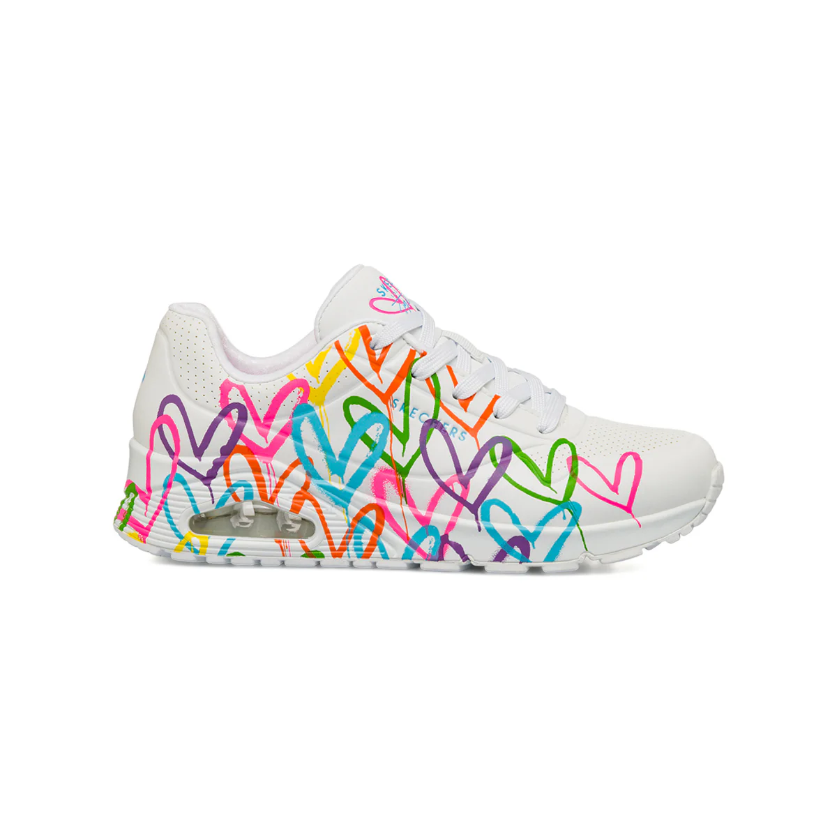 Sneakers bianche da Donna in memory foam Skechers Uno con cuori multicolore