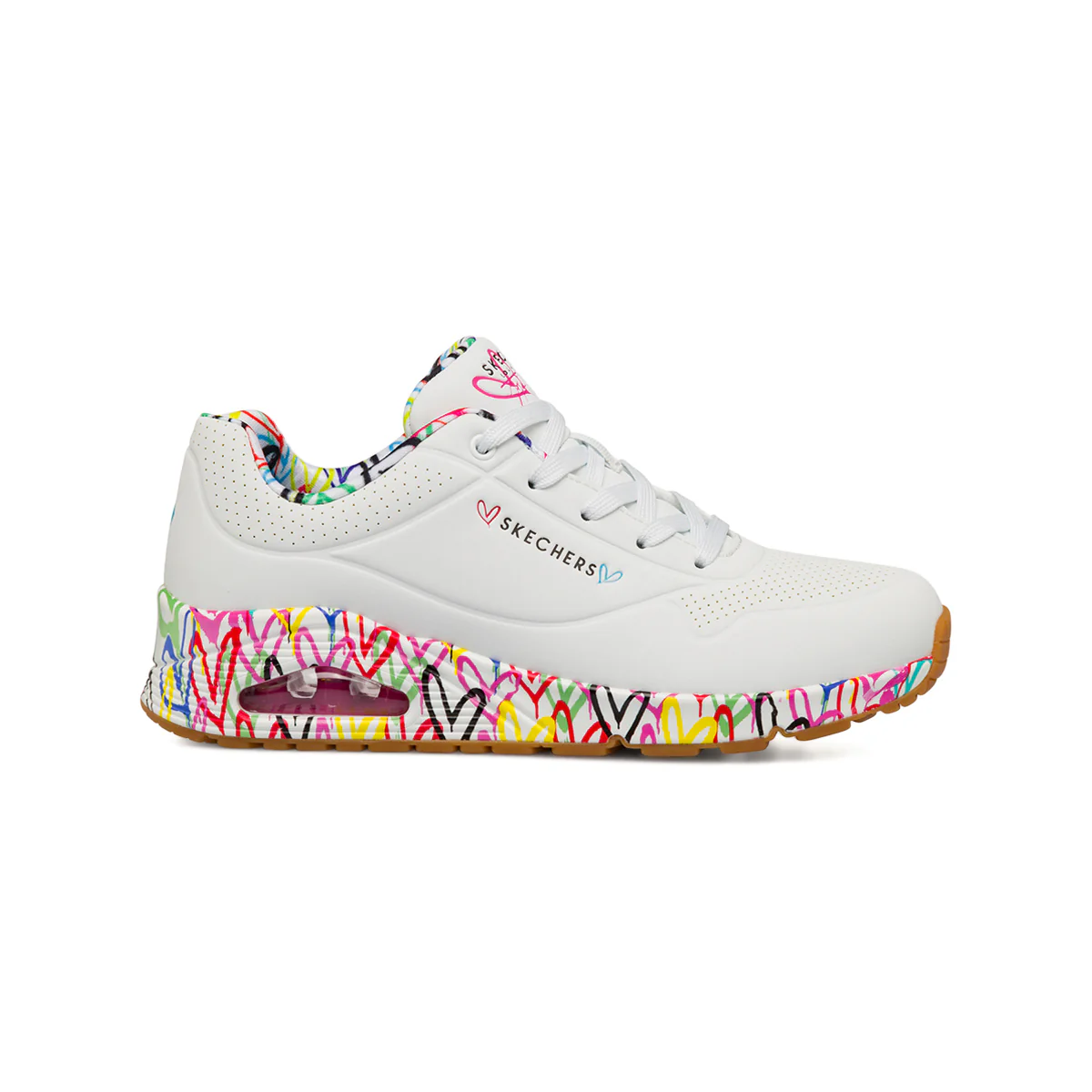 Sneakers bianche da Donna in memory foam Skechers Uno con cuori multicolore sulla suola