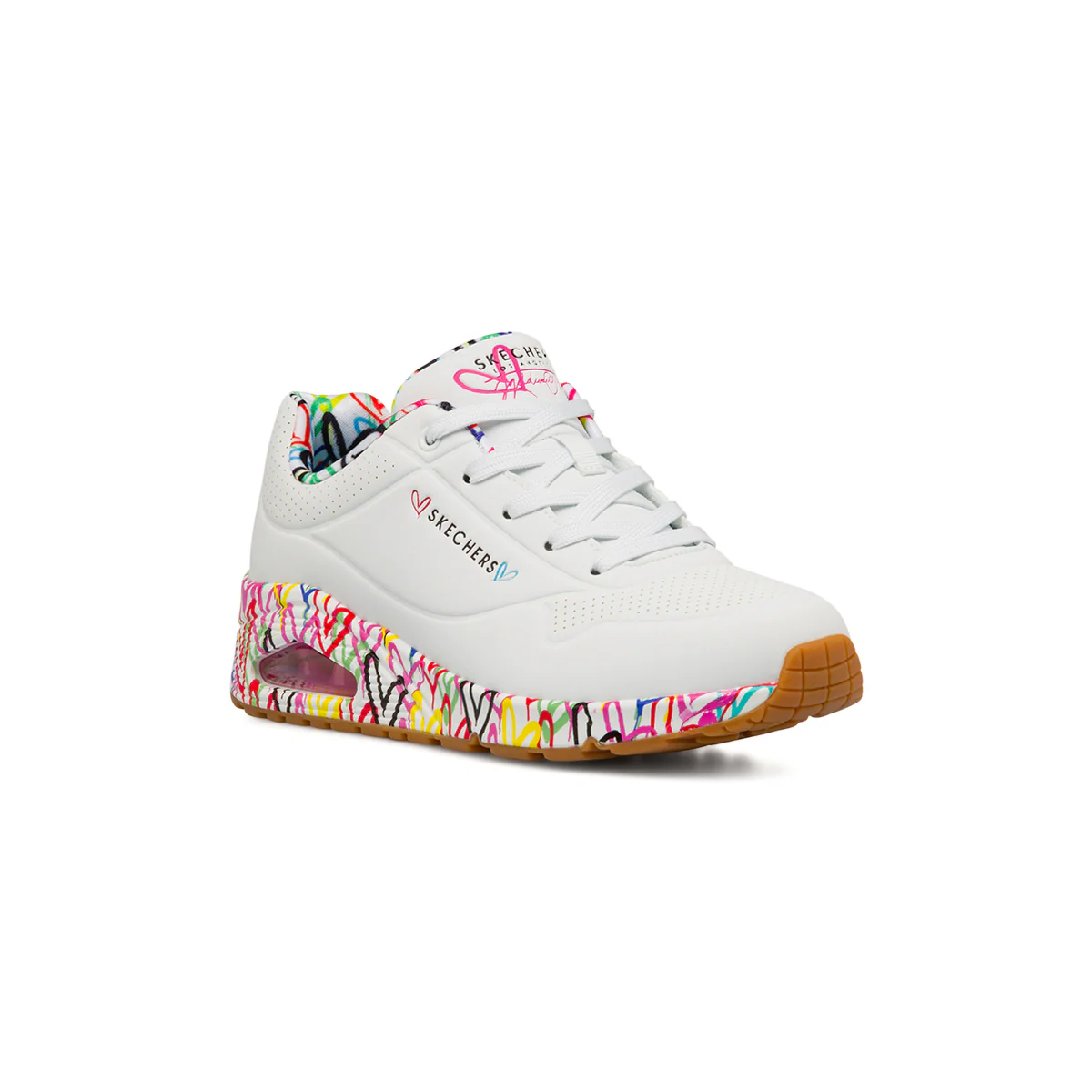 Sneakers bianche da Donna in memory foam Skechers Uno con cuori multicolore sulla suola - Image 2