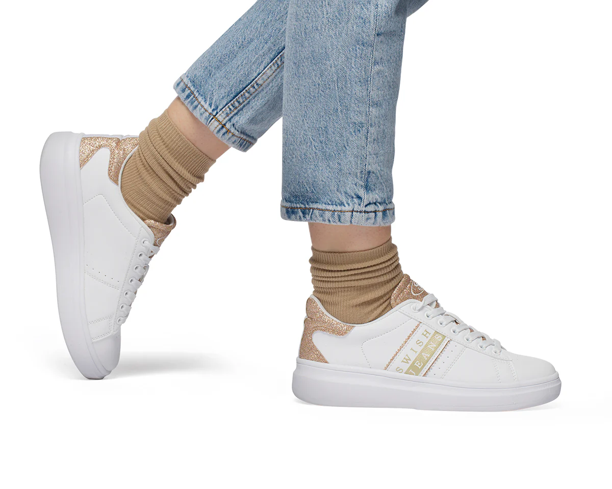 Sneakers bianche da donna con dettagli glitterati oro Swish Jeans - Image 3