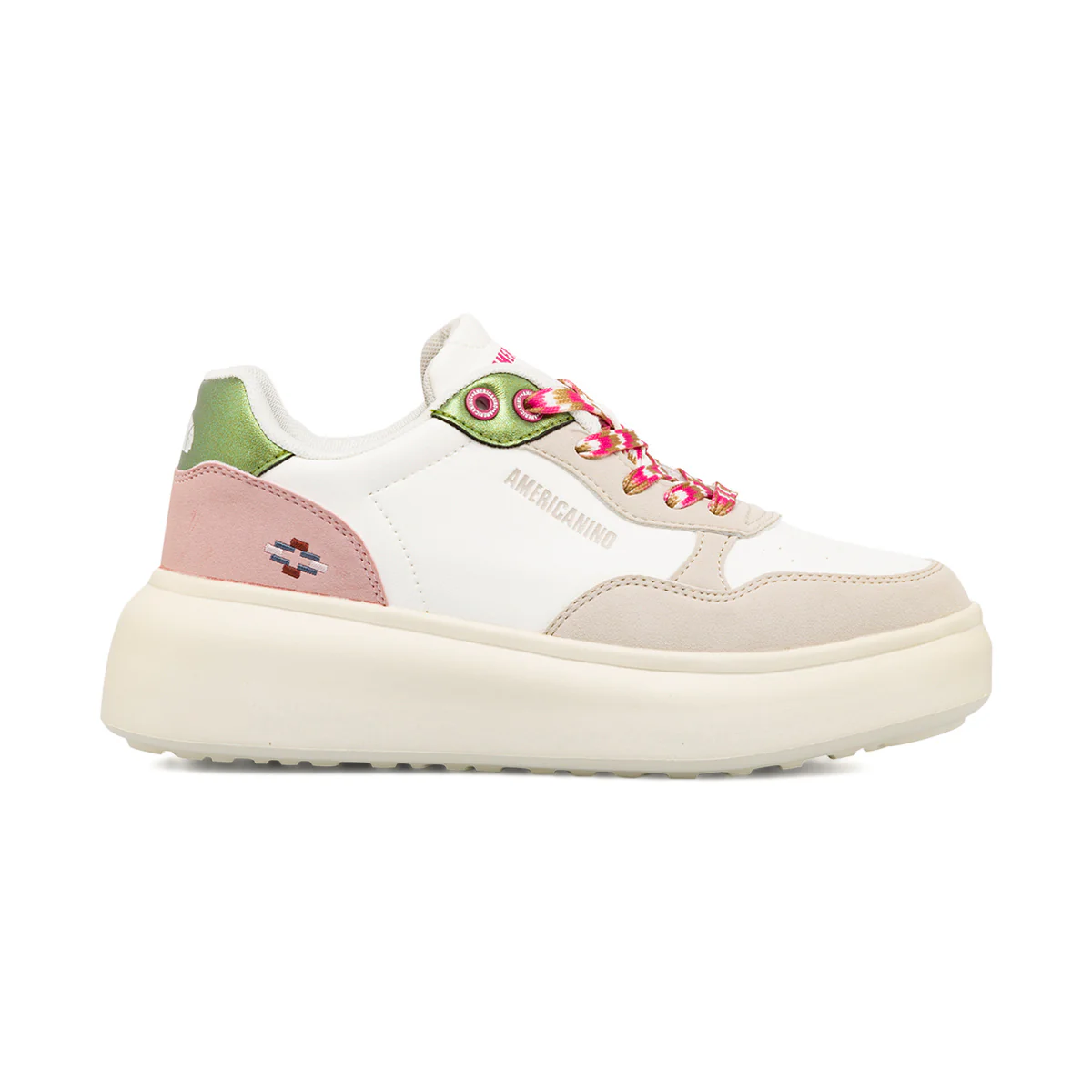 Sneakers bianche da donna con inserti beige e verde metallizzato Americanino