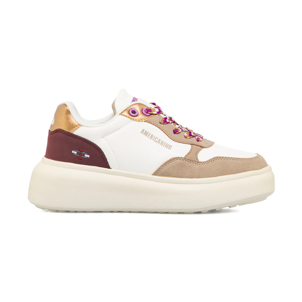 Sneakers bianche da donna con inserti marroni e metallizzati Americanino