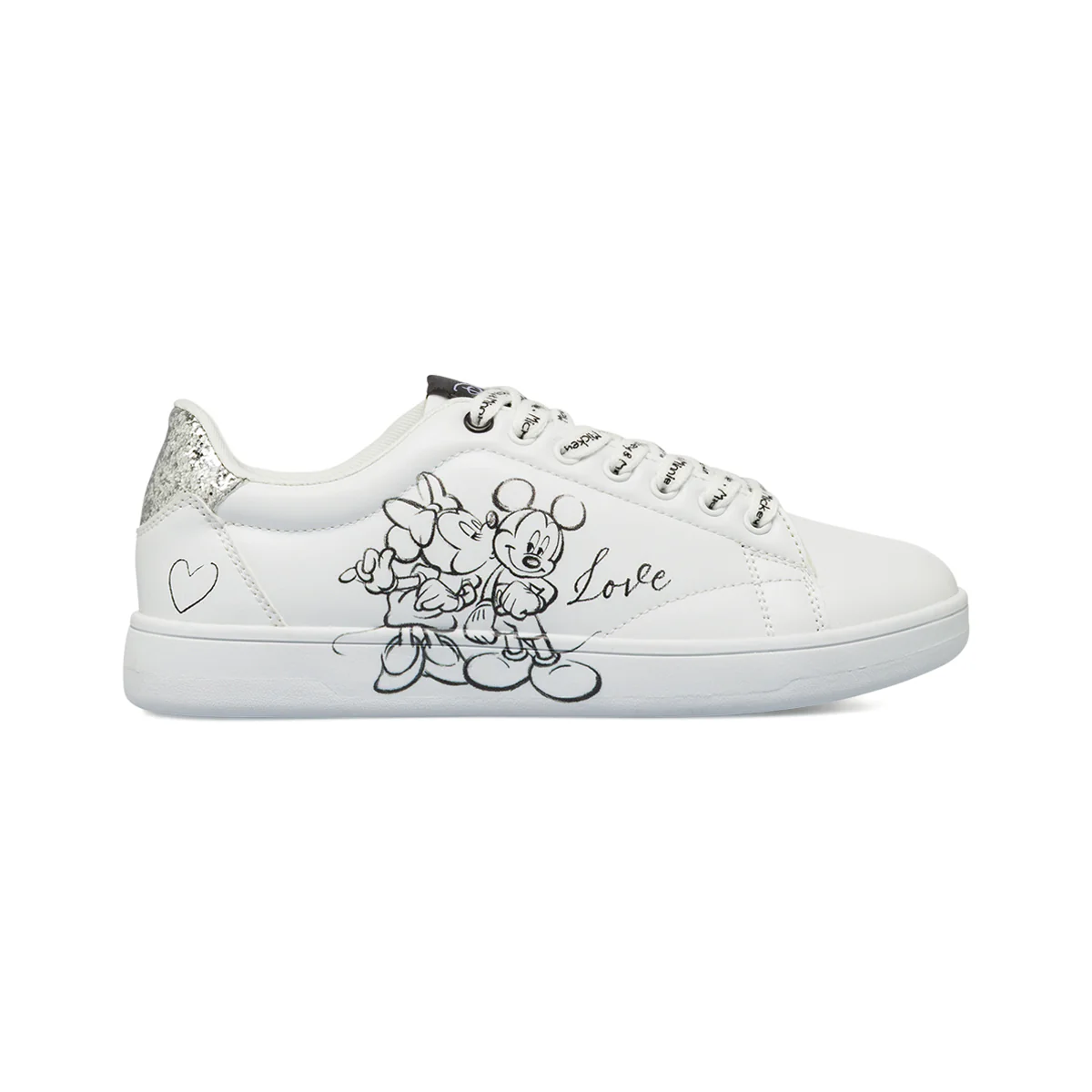 Sneakers bianche da Donna con stampa Mickey & Minnie e glitter argento