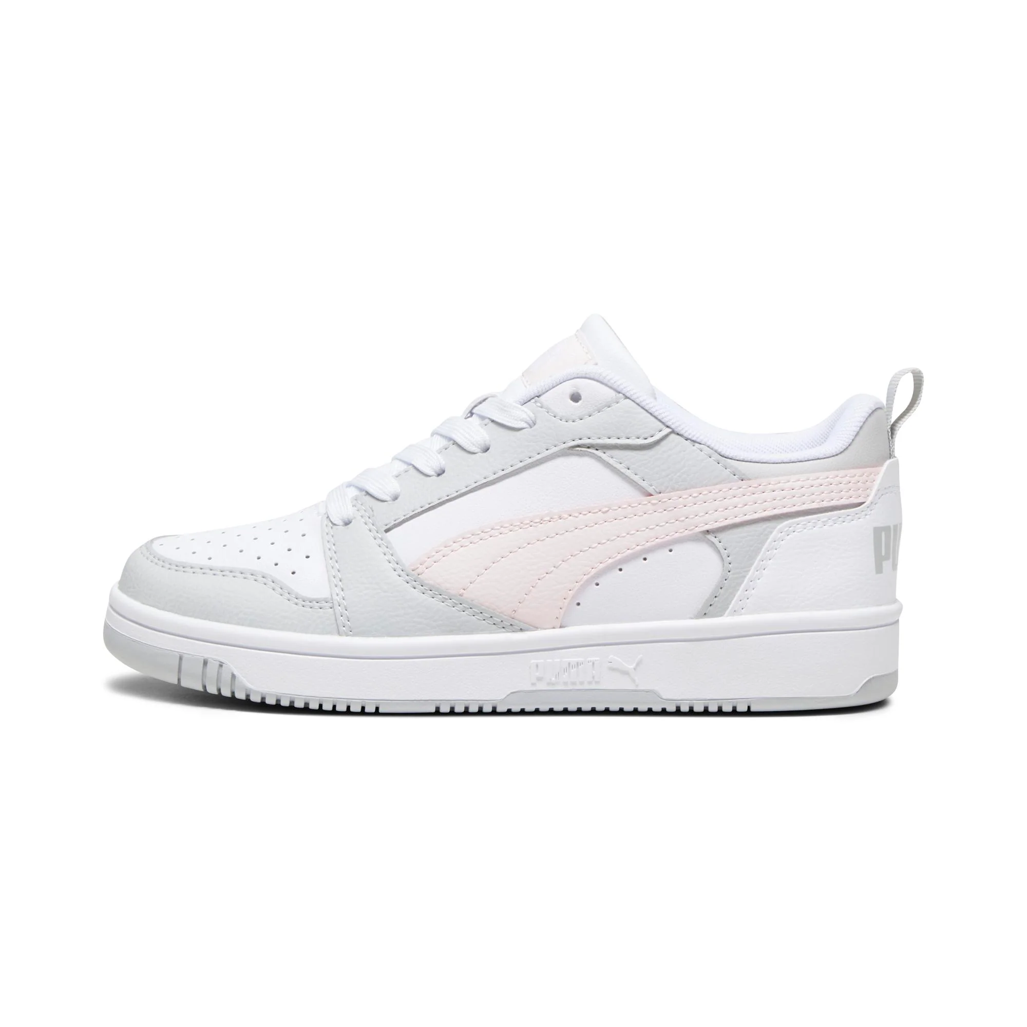 Sneakers bianche da ragazza con dettagli rosa e grigi Puma Rebound V6 Mid Lo Jr - Image 3