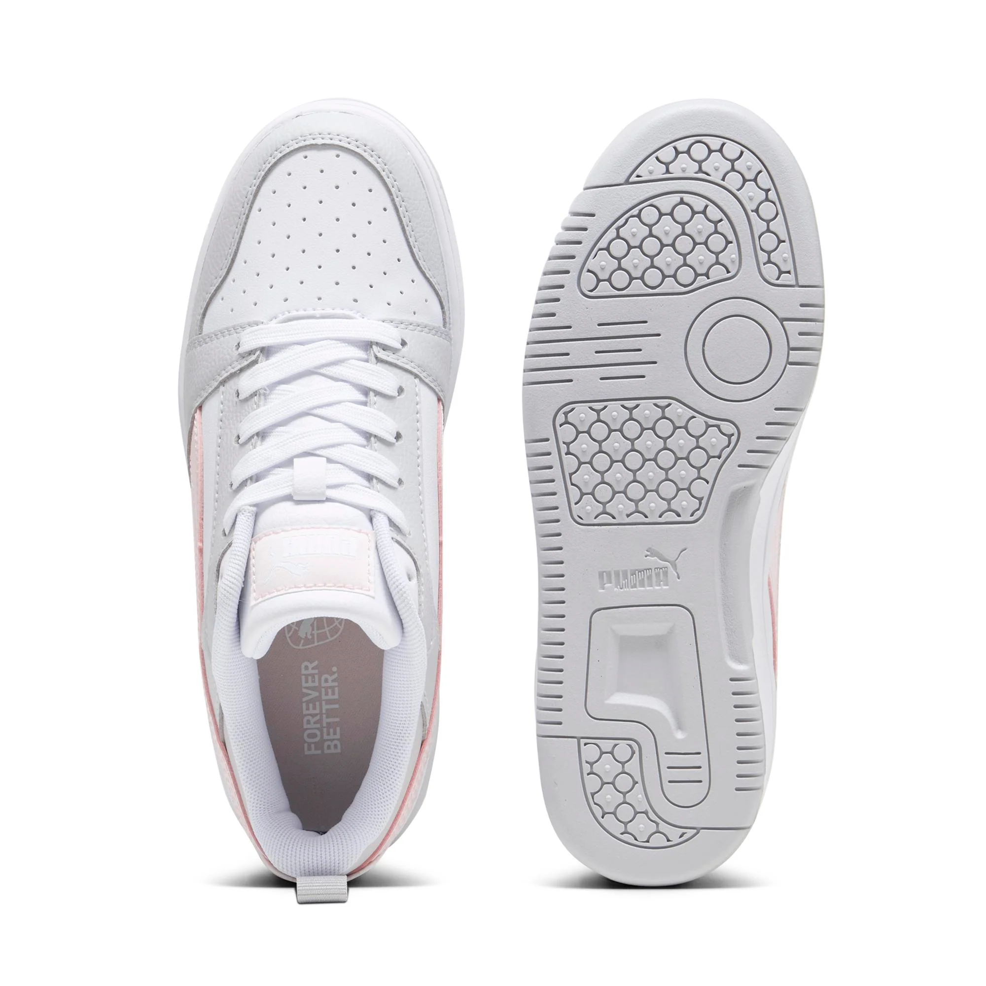 Sneakers bianche da ragazza con dettagli rosa e grigi Puma Rebound V6 Mid Lo Jr - Image 4