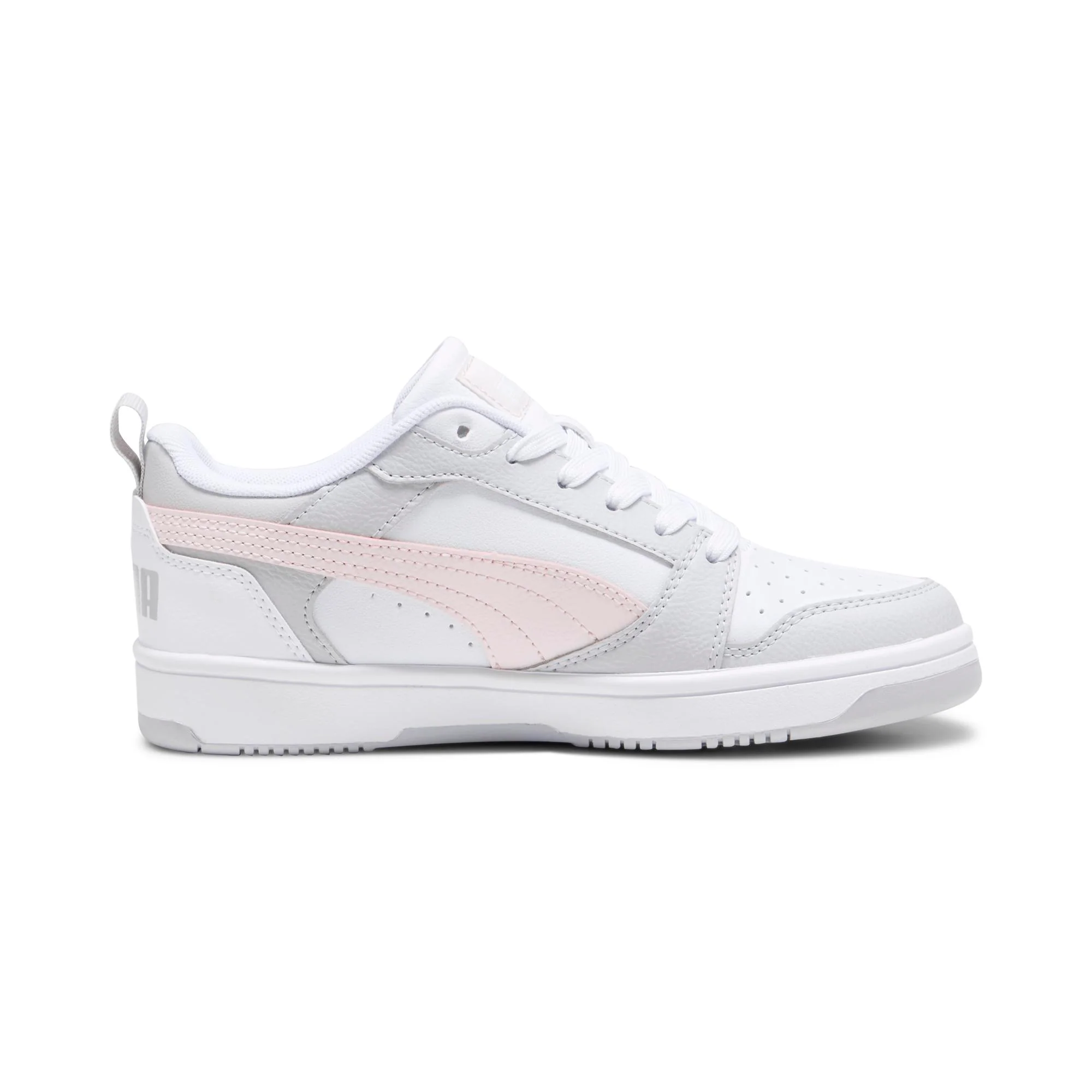 Sneakers bianche da ragazza con dettagli rosa e grigi Puma Rebound V6 Mid Lo Jr - Image 5