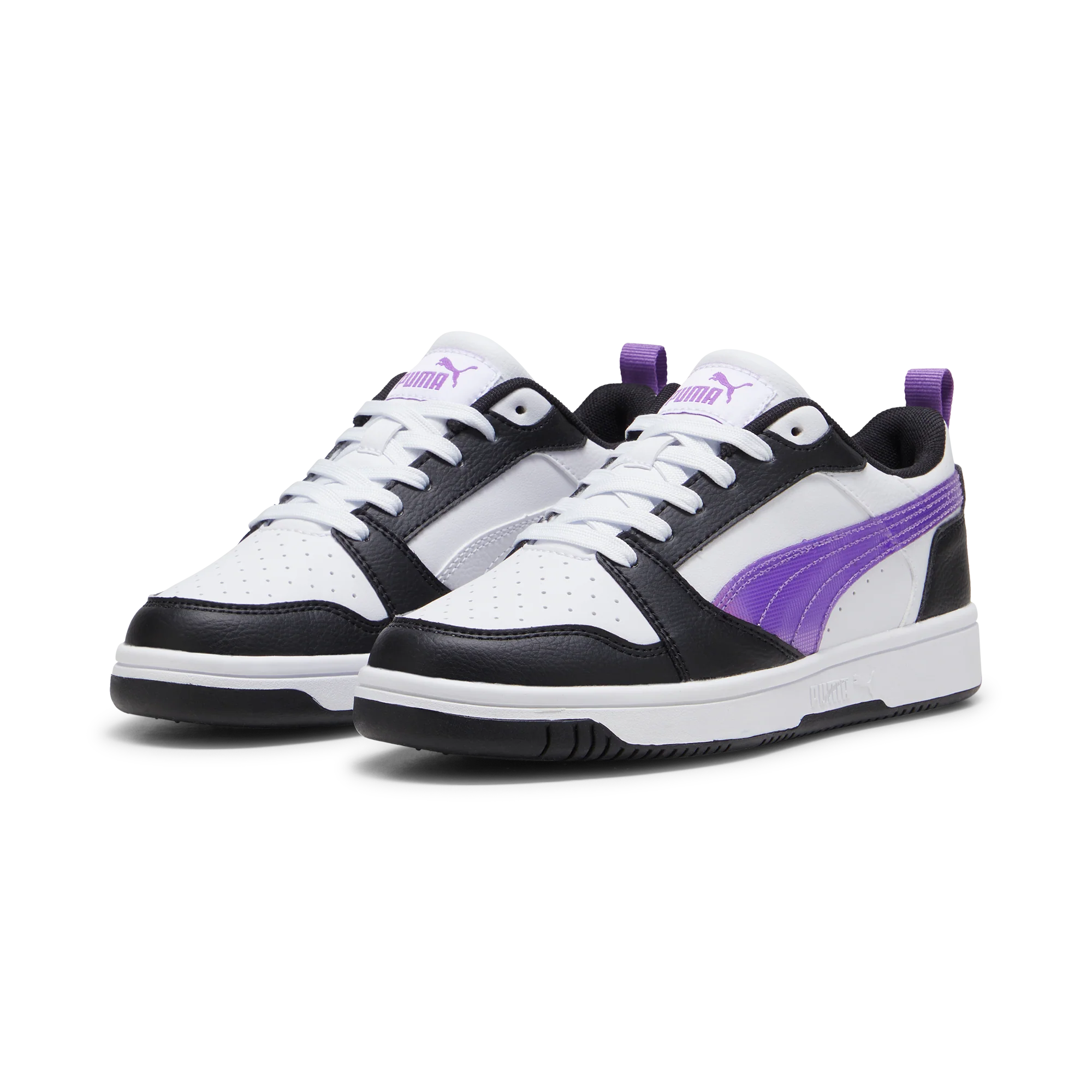 Sneakers bianche da ragazza con dettagli viola e neri Puma Rebound v6 Lo Deep Dive Jr