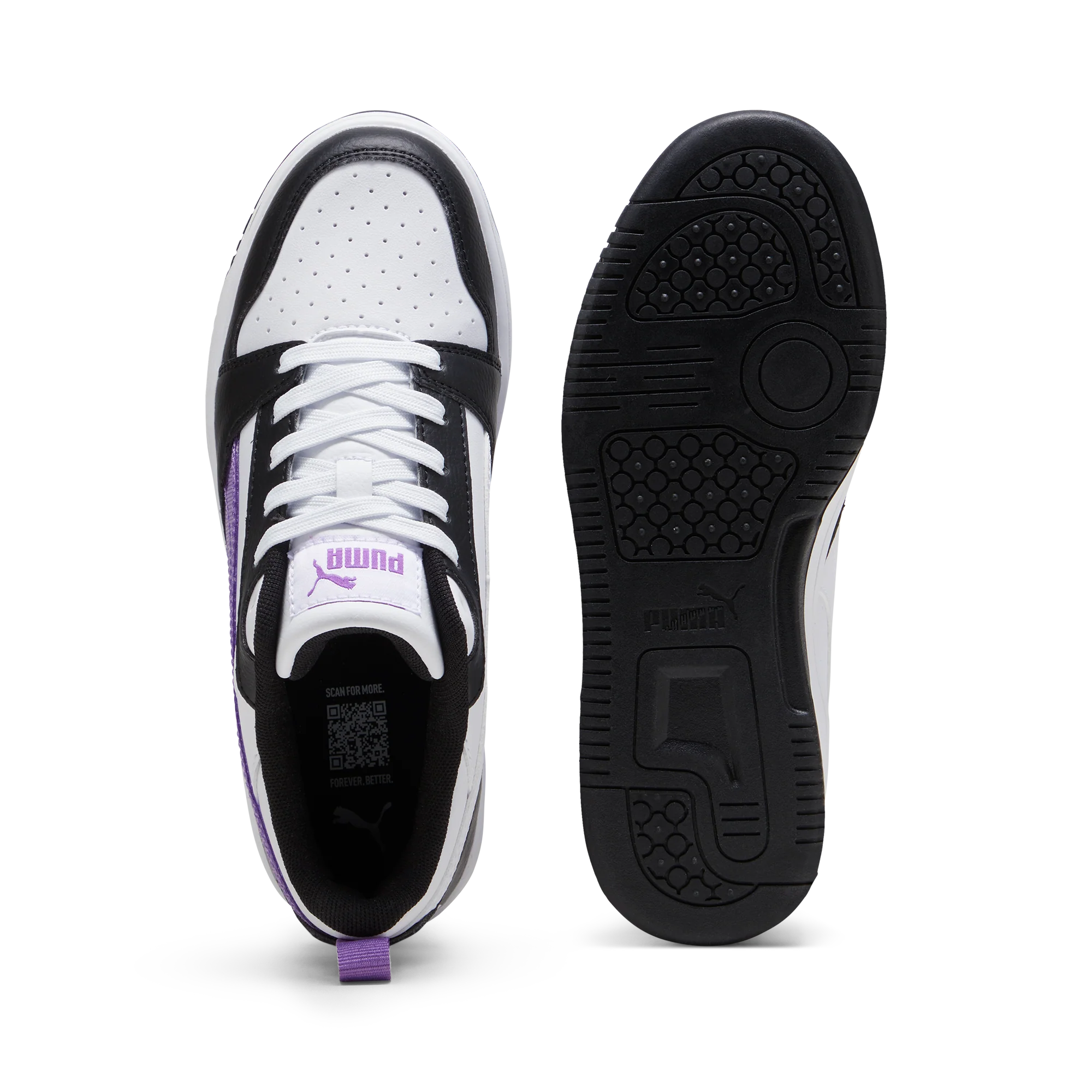 Sneakers bianche da ragazza con dettagli viola e neri Puma Rebound v6 Lo Deep Dive Jr - Image 4