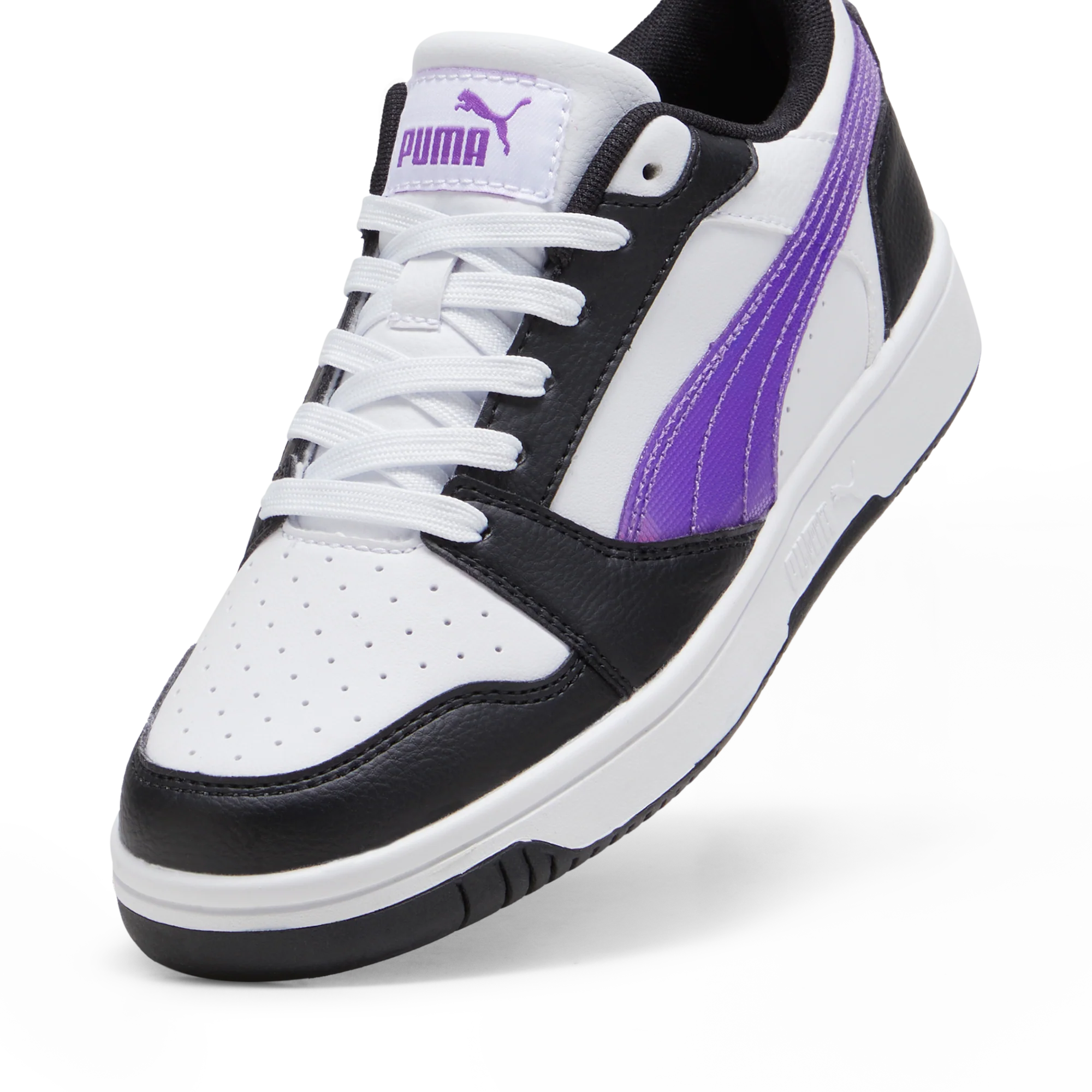 Sneakers bianche da ragazza con dettagli viola e neri Puma Rebound v6 Lo Deep Dive Jr - Image 6