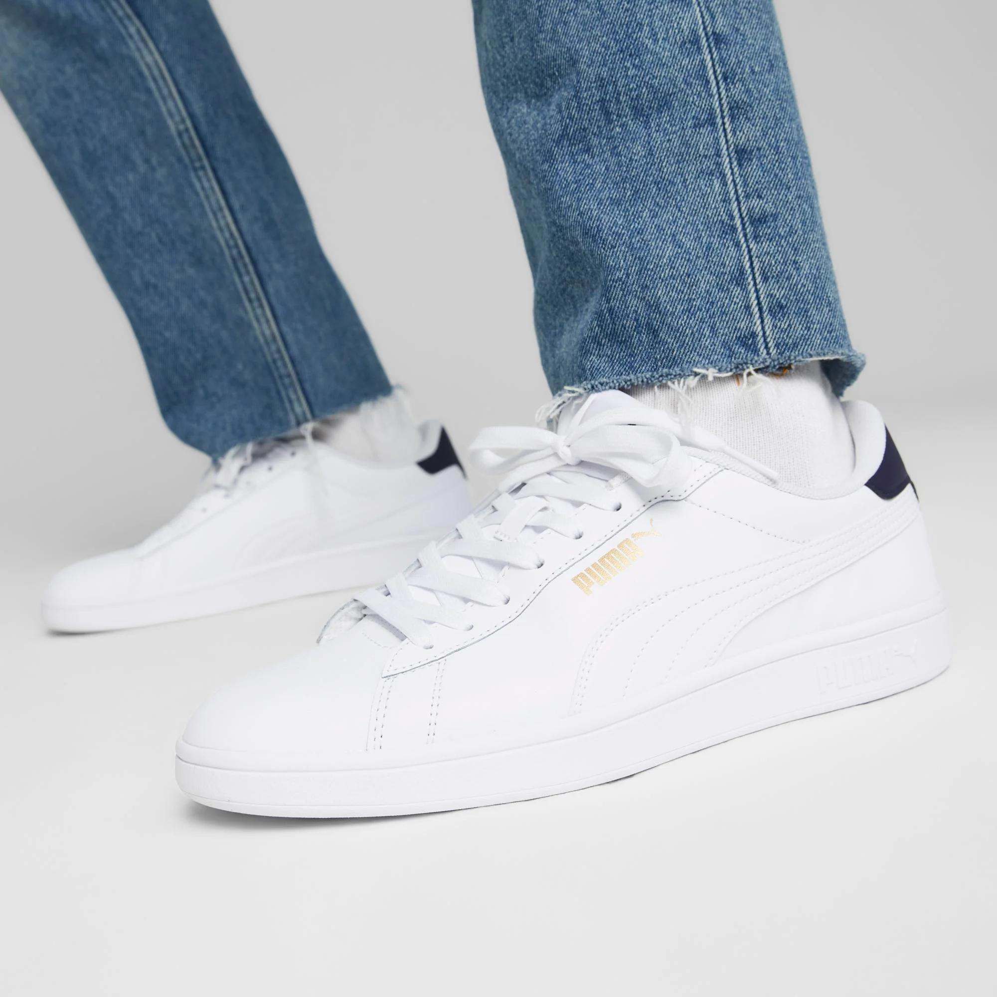 Sneakers bianche da uomo con dettagli oro e blu Puma Smash 3.0 L