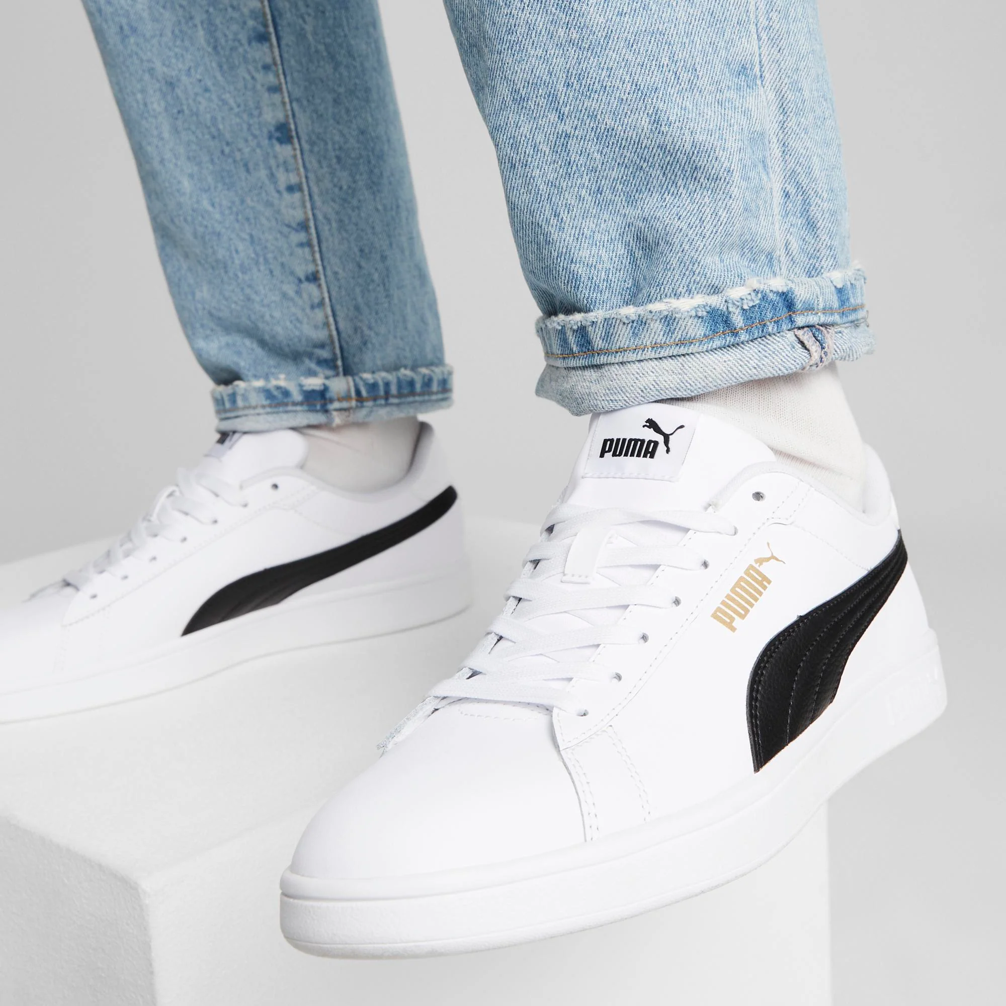 Sneakers bianche da uomo con striscia laterale nera Puma Smash 3.0 L