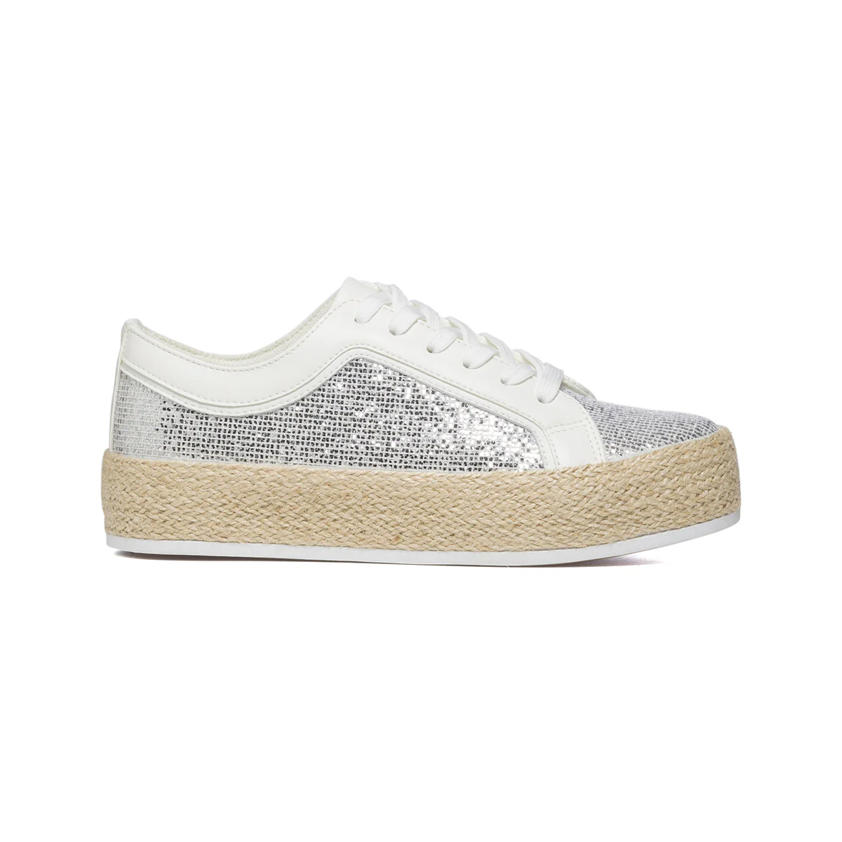 Sneakers bianche e argento effetto glitterato con suola in corda Swish Jeans