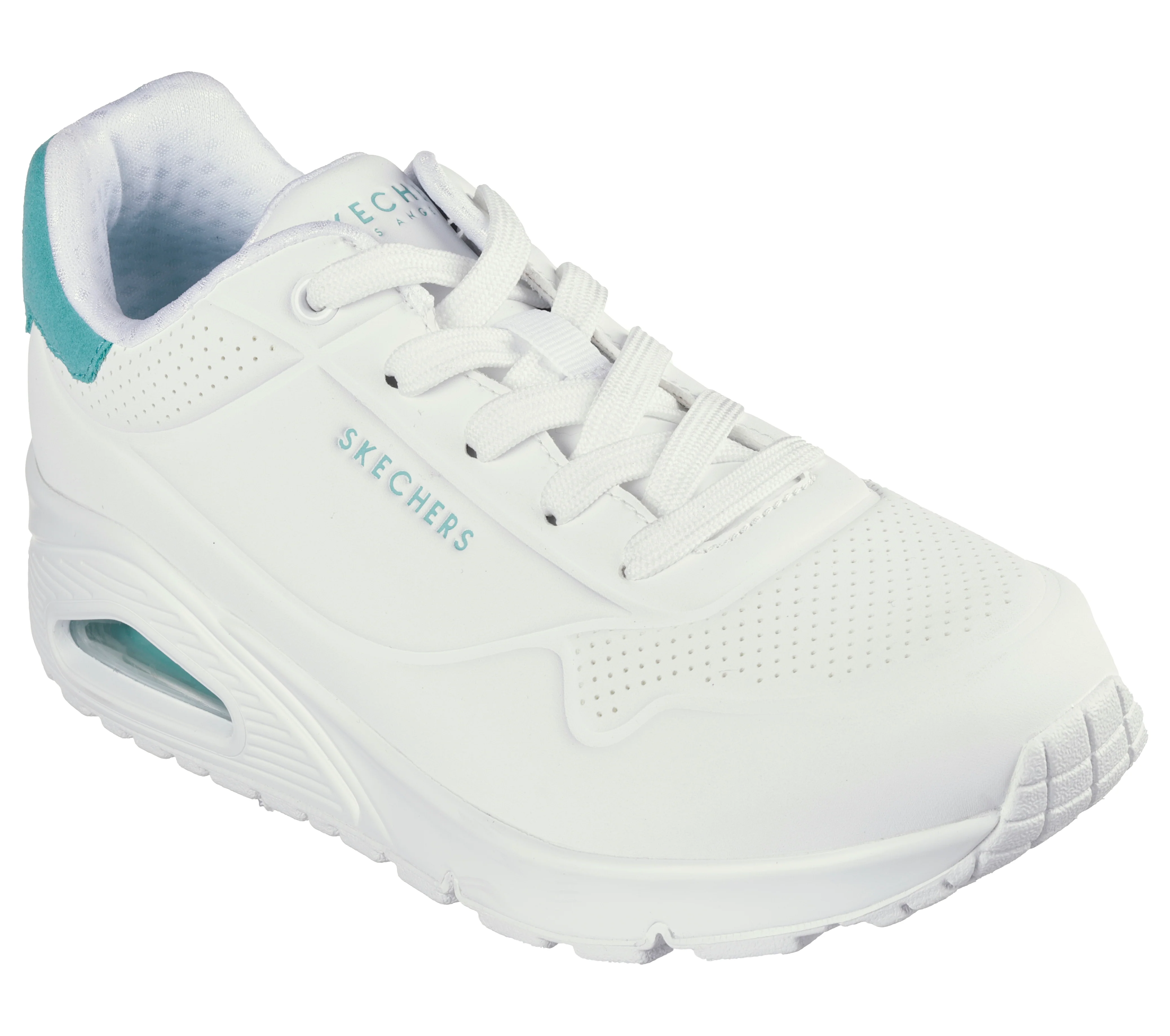 Sneakers bianche e azzurre da donna con suola ad aria Skechers Uno - Image 2