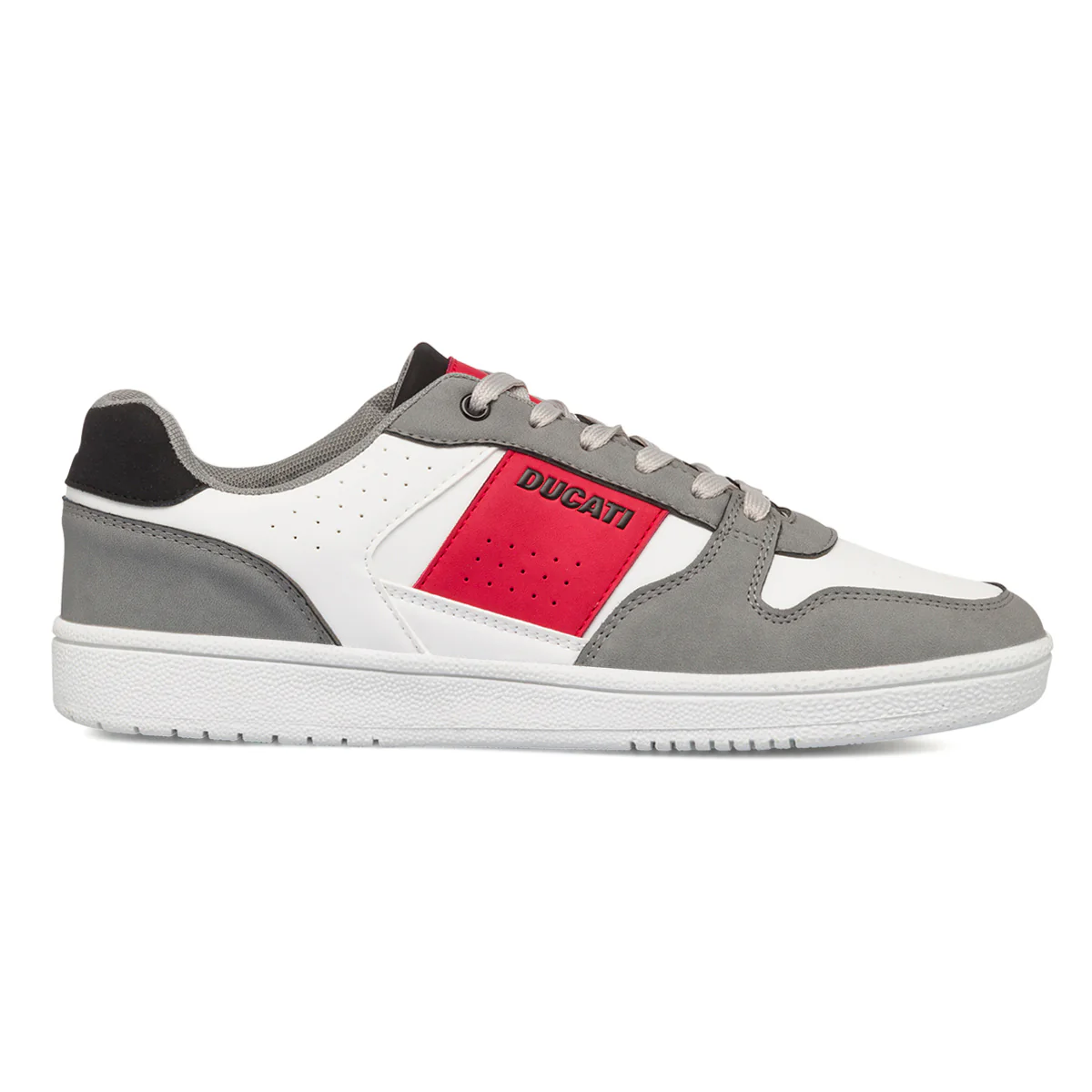 Sneakers bianche e grigie da uomo con dettagli rossi e logo Ducati