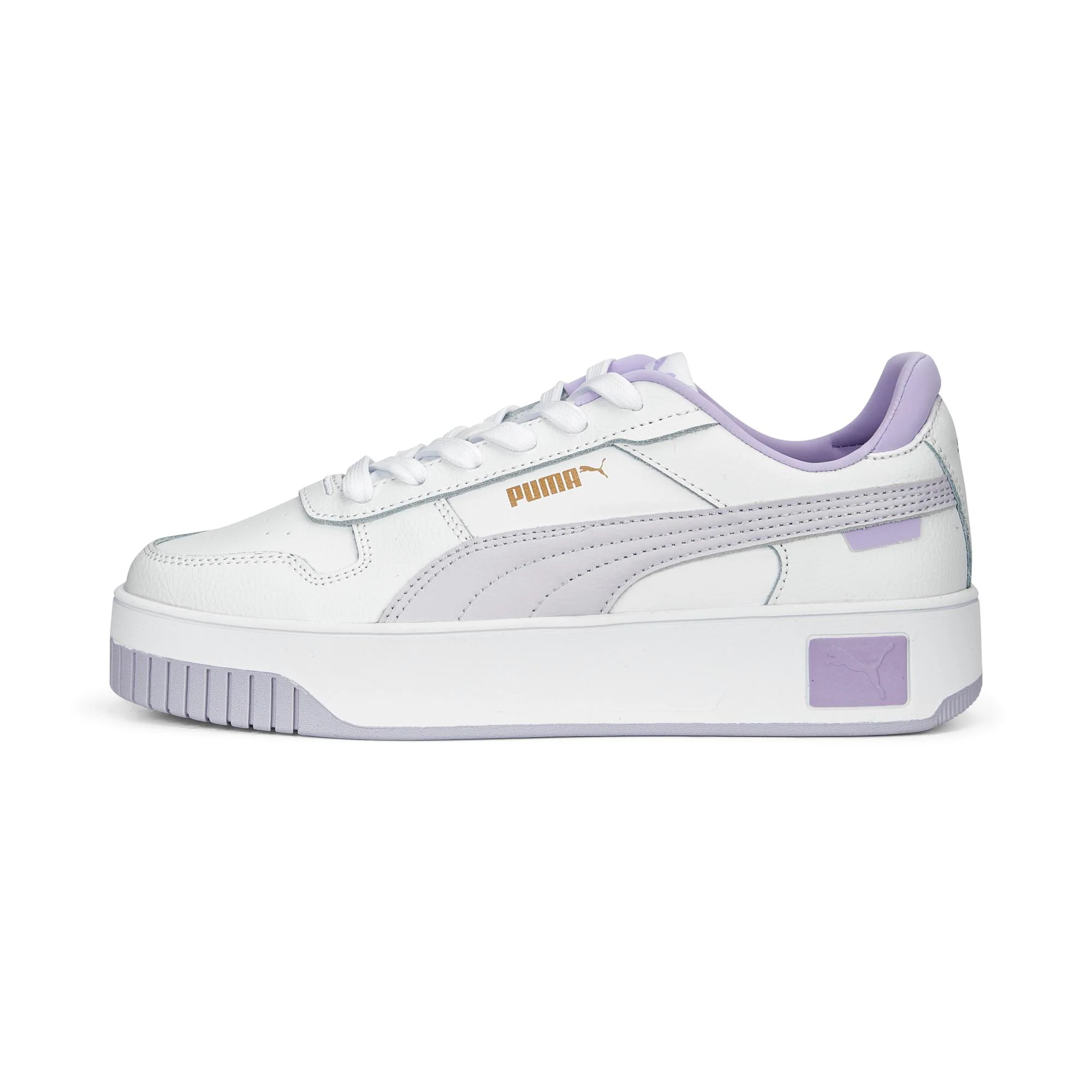 Sneakers bianche e lilla in pelle da donna con suola a zeppa Puma Carina Street - Image 4
