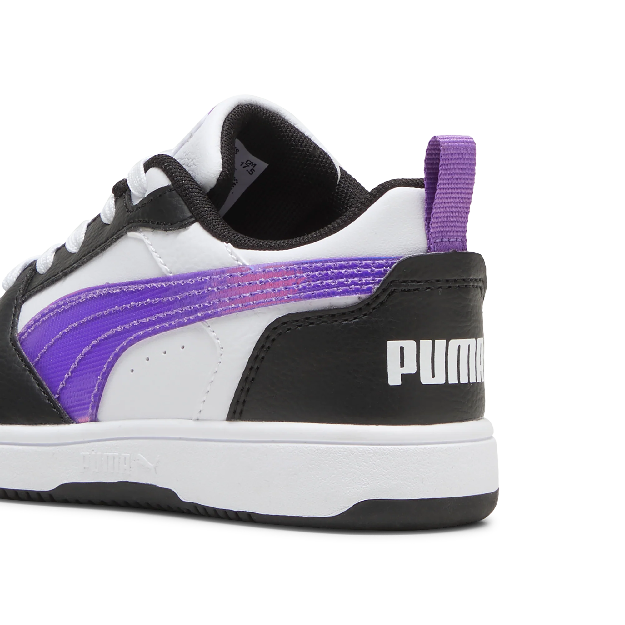 Sneakers bianche e nere da bambina con dettagli viola Puma Rebound v6 Lo PS - Image 2