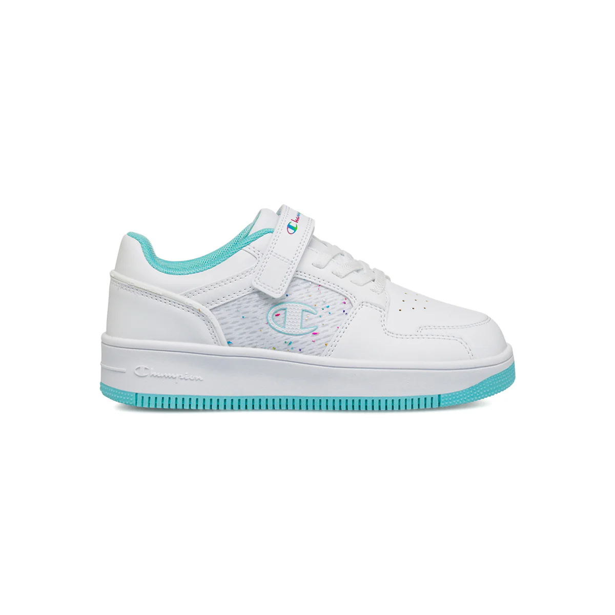 Sneakers bianche e turchesi da bambina con logo arcobaleno Champion Rebound Platform Abstract G
