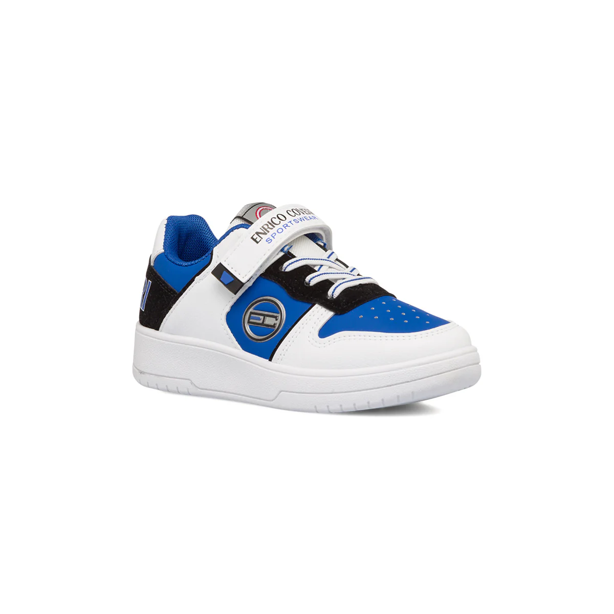 Sneakers bianche, nere e blu da bambino con logo laterale Enrico Coveri - Image 2