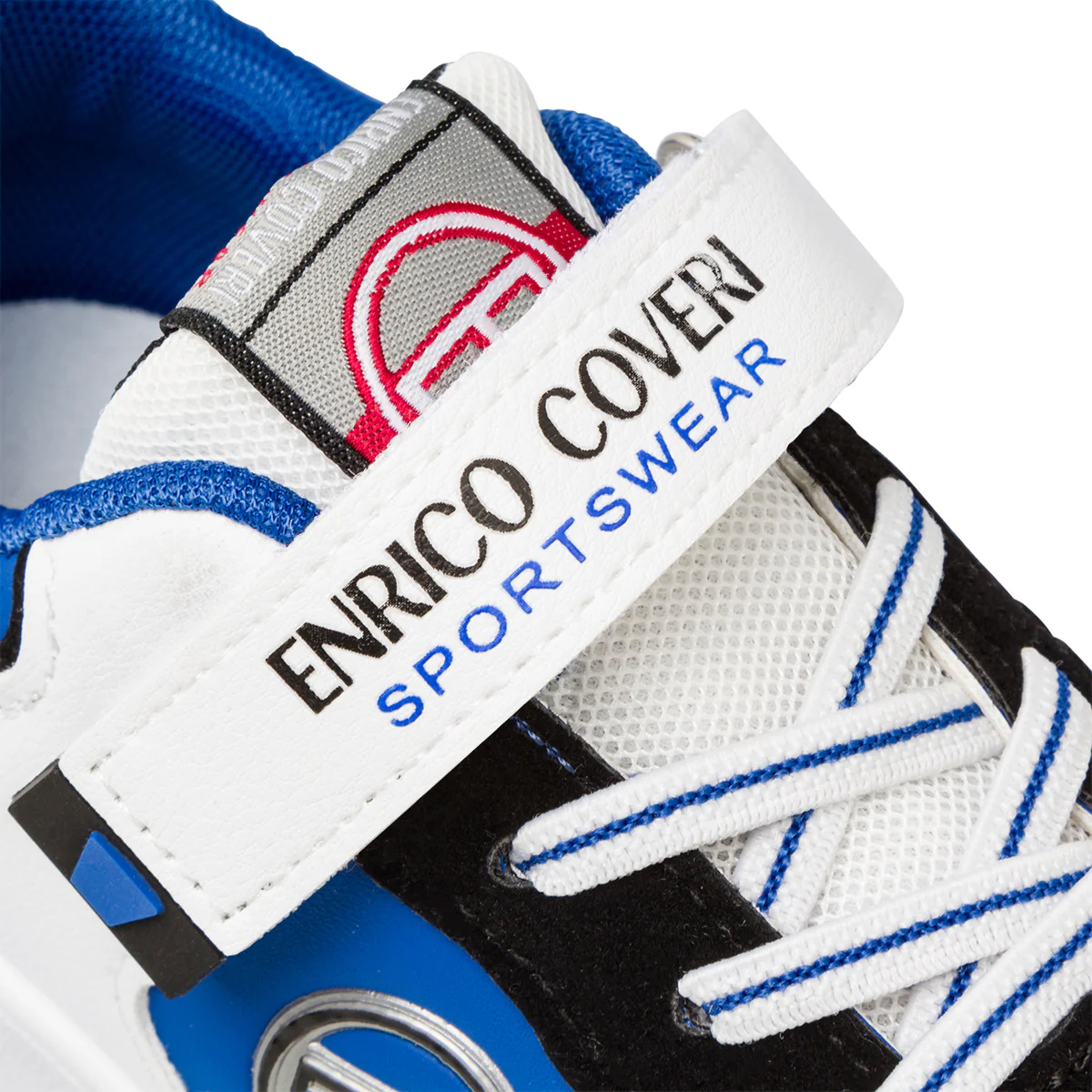 Sneakers bianche, nere e blu da bambino con logo laterale Enrico Coveri - Image 6