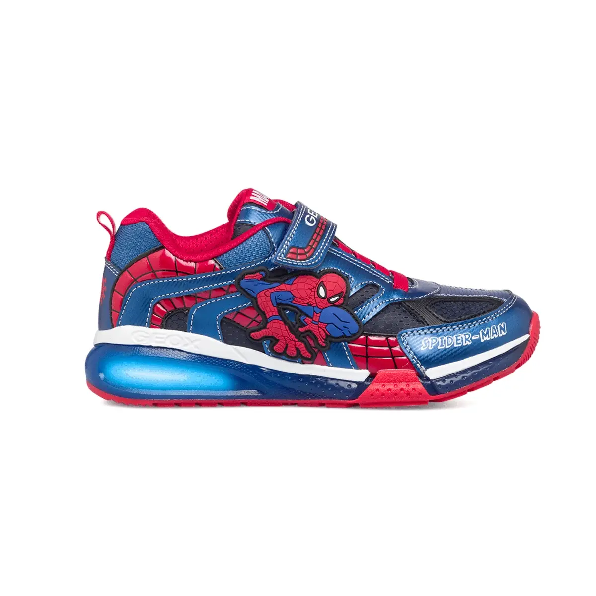 Sneakers blu da bambino con luci nella suola e stampa Spiderman Geox Bayonic
