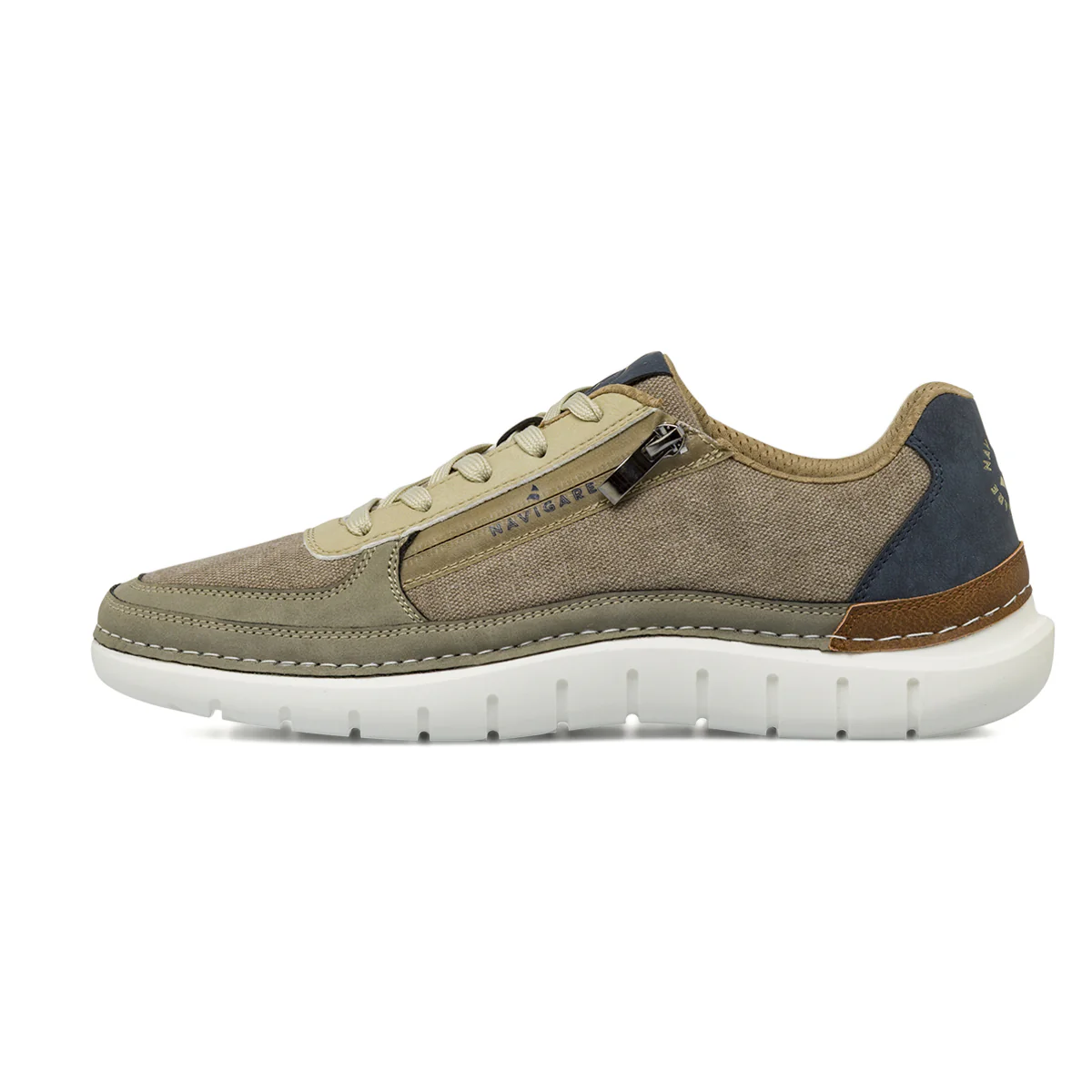 Sneakers casual da Uomo Khaki con zip laterale e suola bianca Navigare
